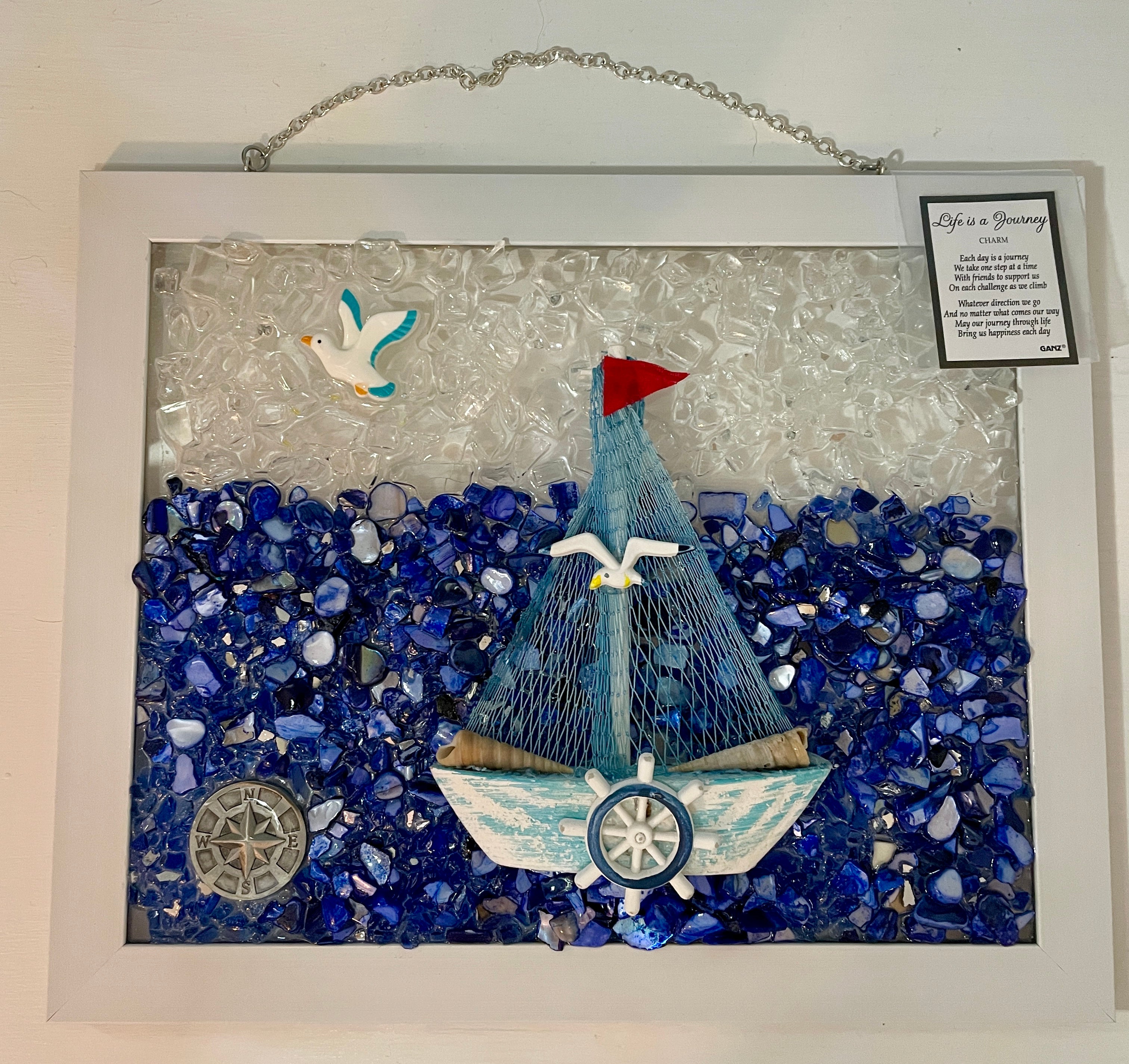 "Life is a Journey" Sailboat - 8" x 10" Inspirational Coastal Crushed Glass/Shells Art