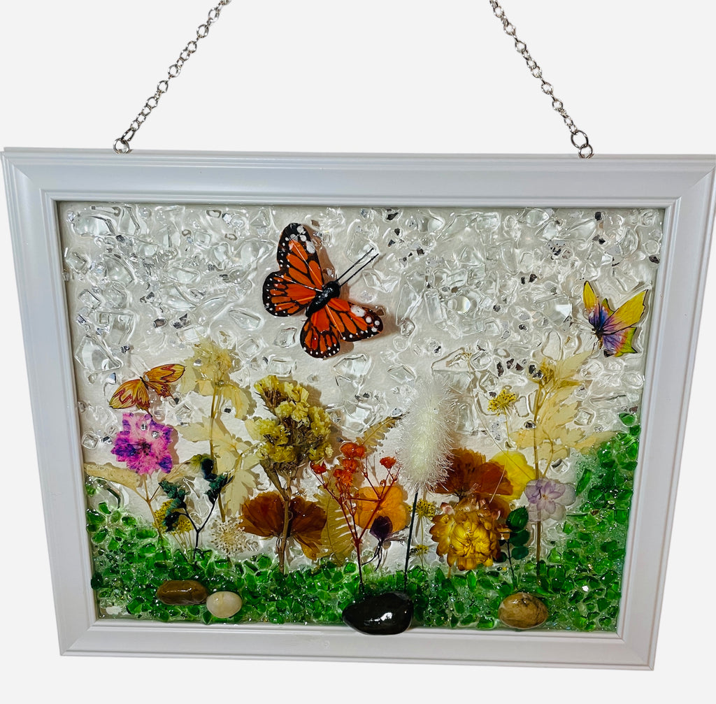 Vibrant Garden with 3D Monarch Butterfly - 8x10 Crushed Glass Nature Art