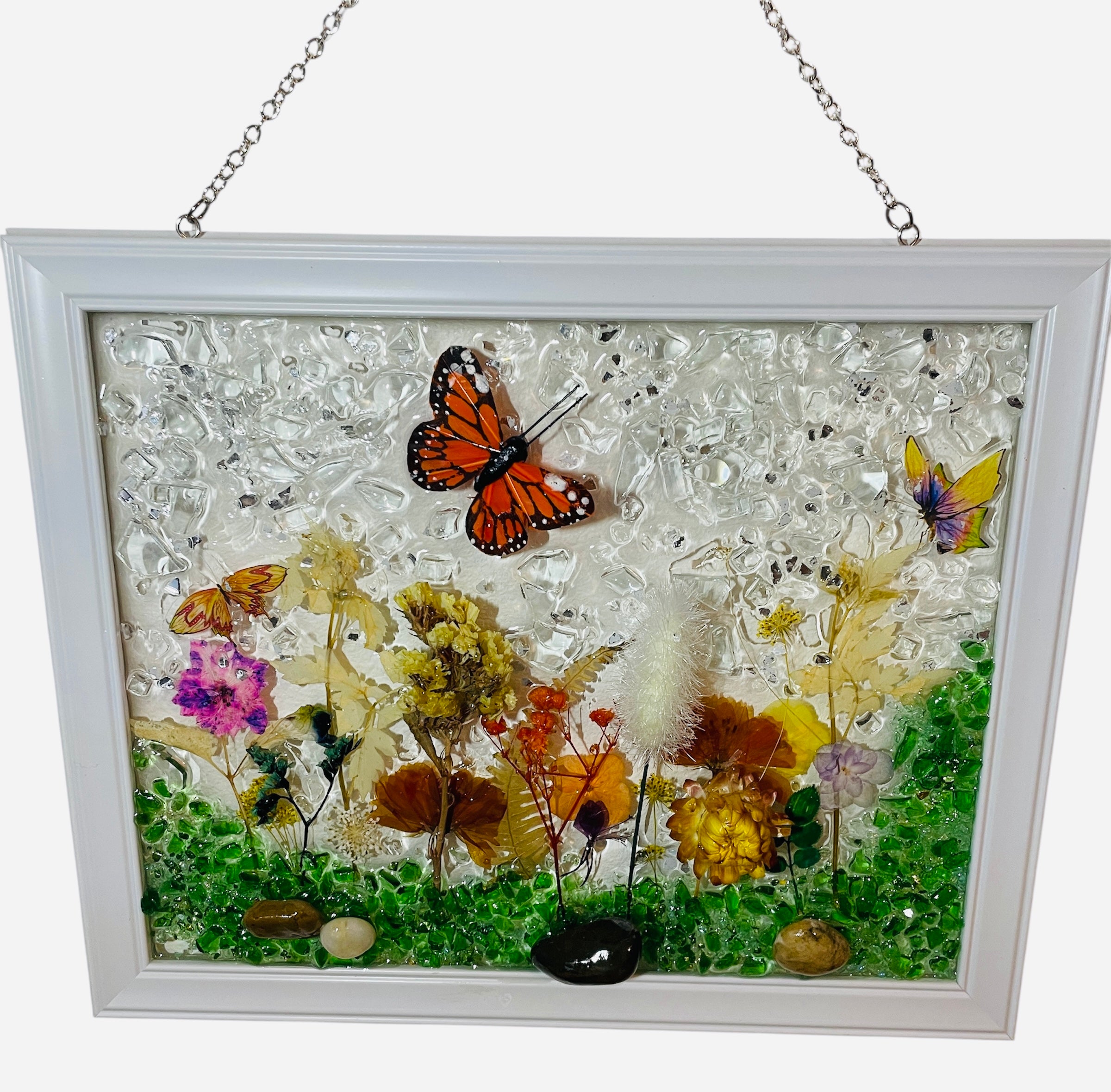Vibrant Garden with 3D Monarch Butterfly - 8x10 Crushed Glass Nature Art