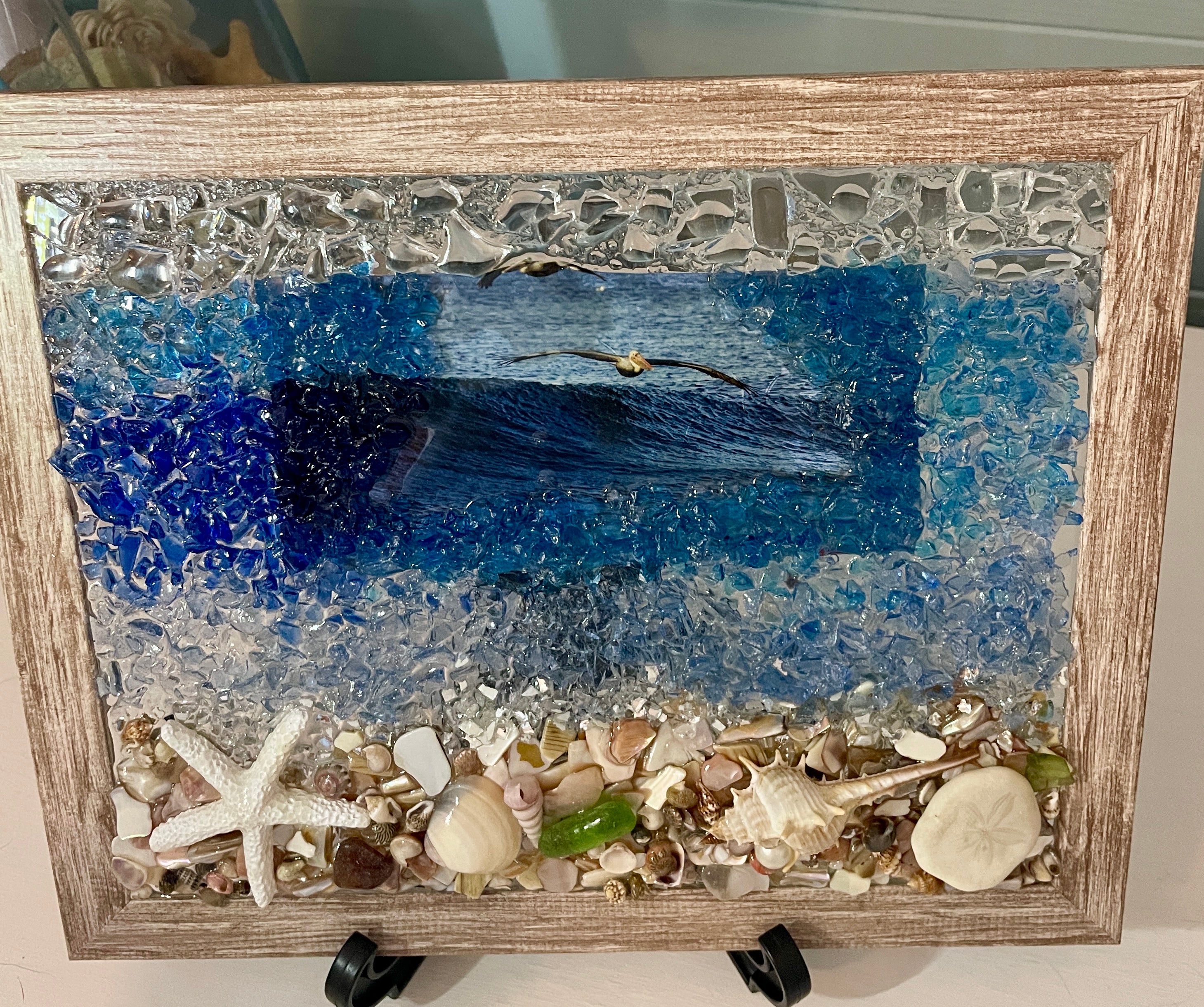 8" x 10" - Beach scene with real sea glass, resin starfish and a seagull flying by - Crushed Glass