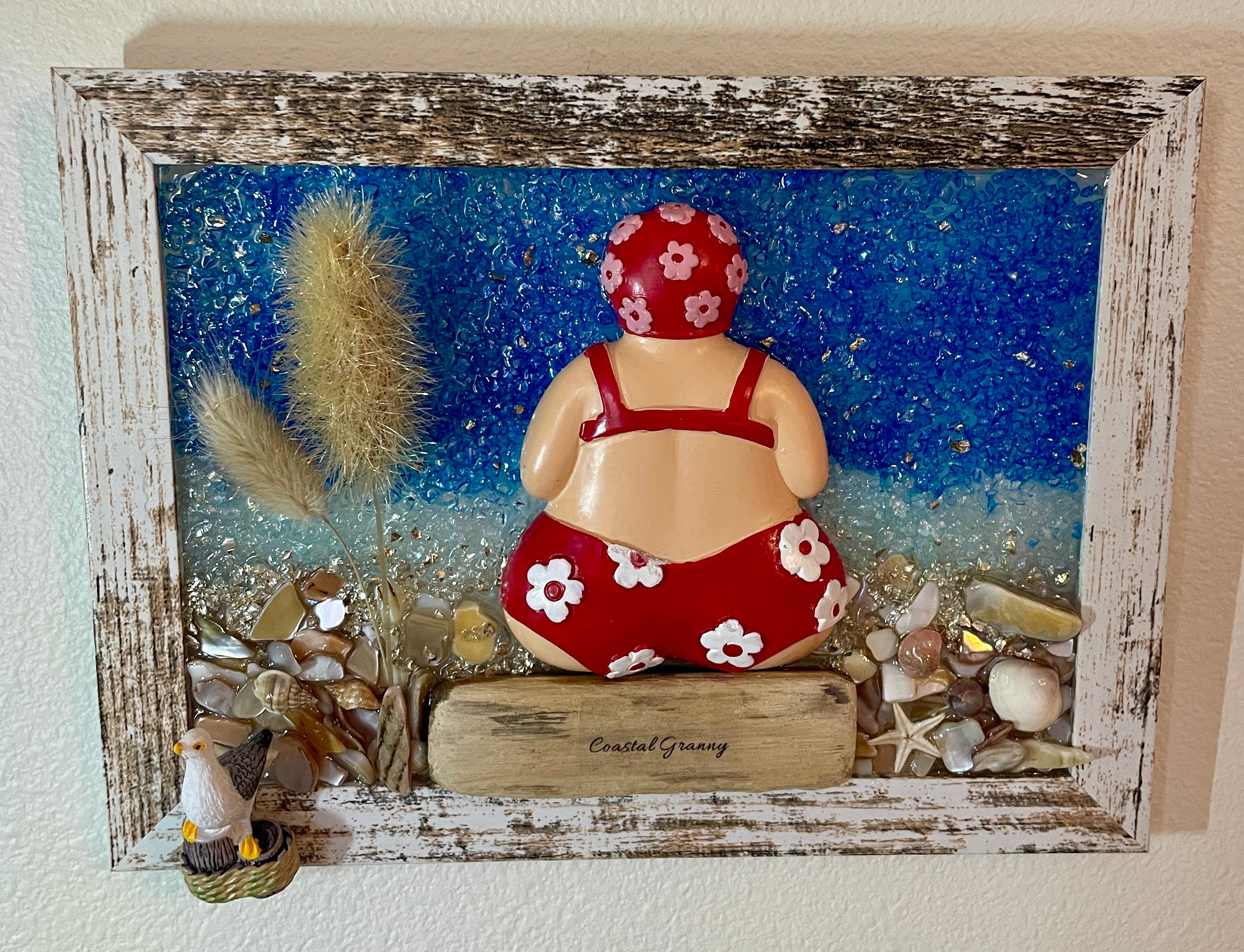Coastal Granny Beach Scene - 5x7 Handcrafted Art with Crushed Glass