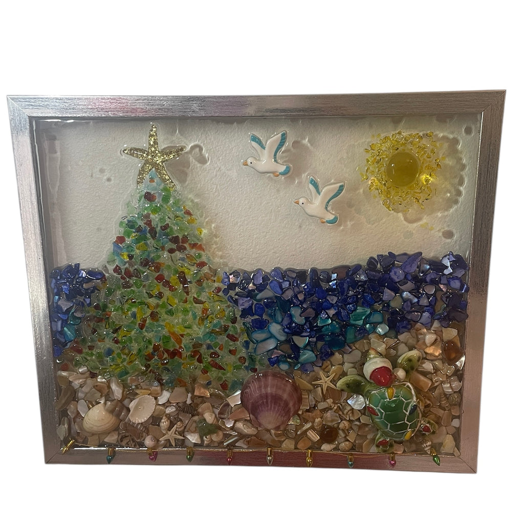 Santa Turtle Crushed Glass Art - Coastal Christmas Beach Scene (9" x 11")