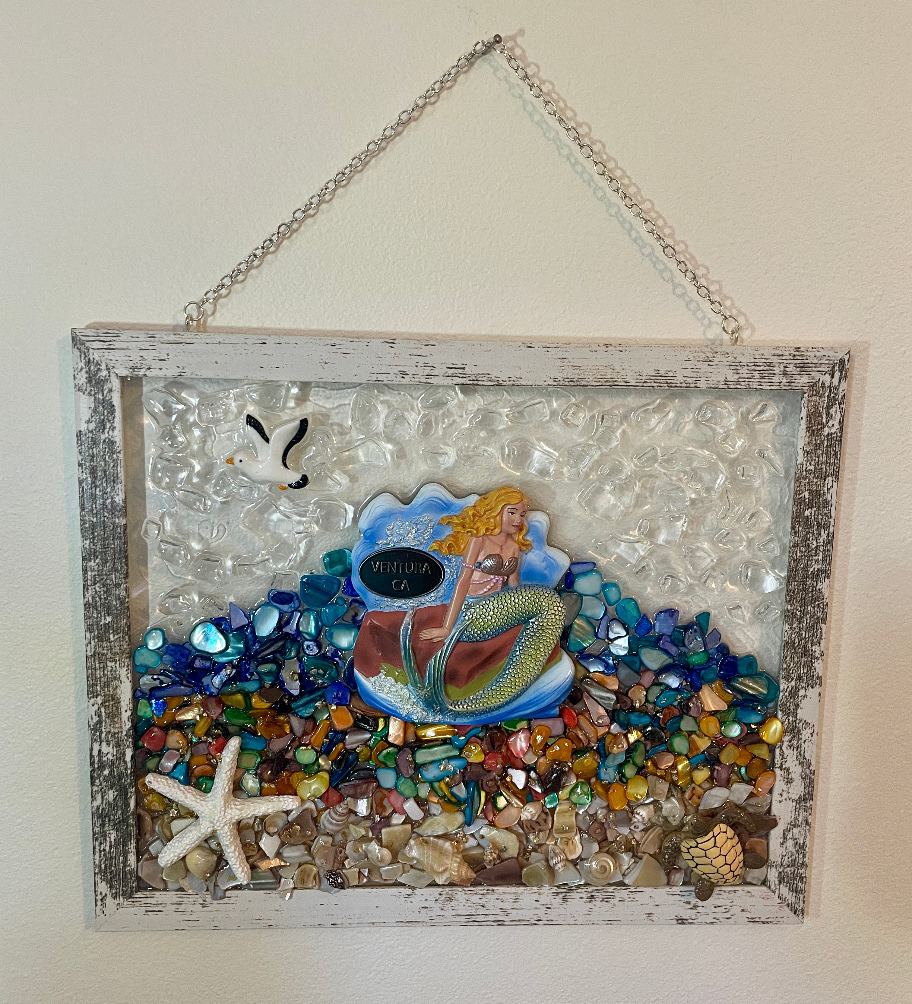 Ventura California Mermaid - 8" x 10" Crushed Glass Coastal Art with Shells