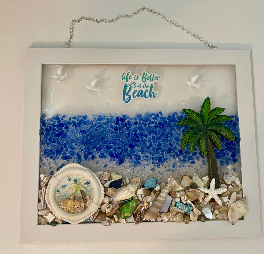 8" x 10" - Ocean scene with REAL SEA GLASS and saying "Life is Better at the Beach"