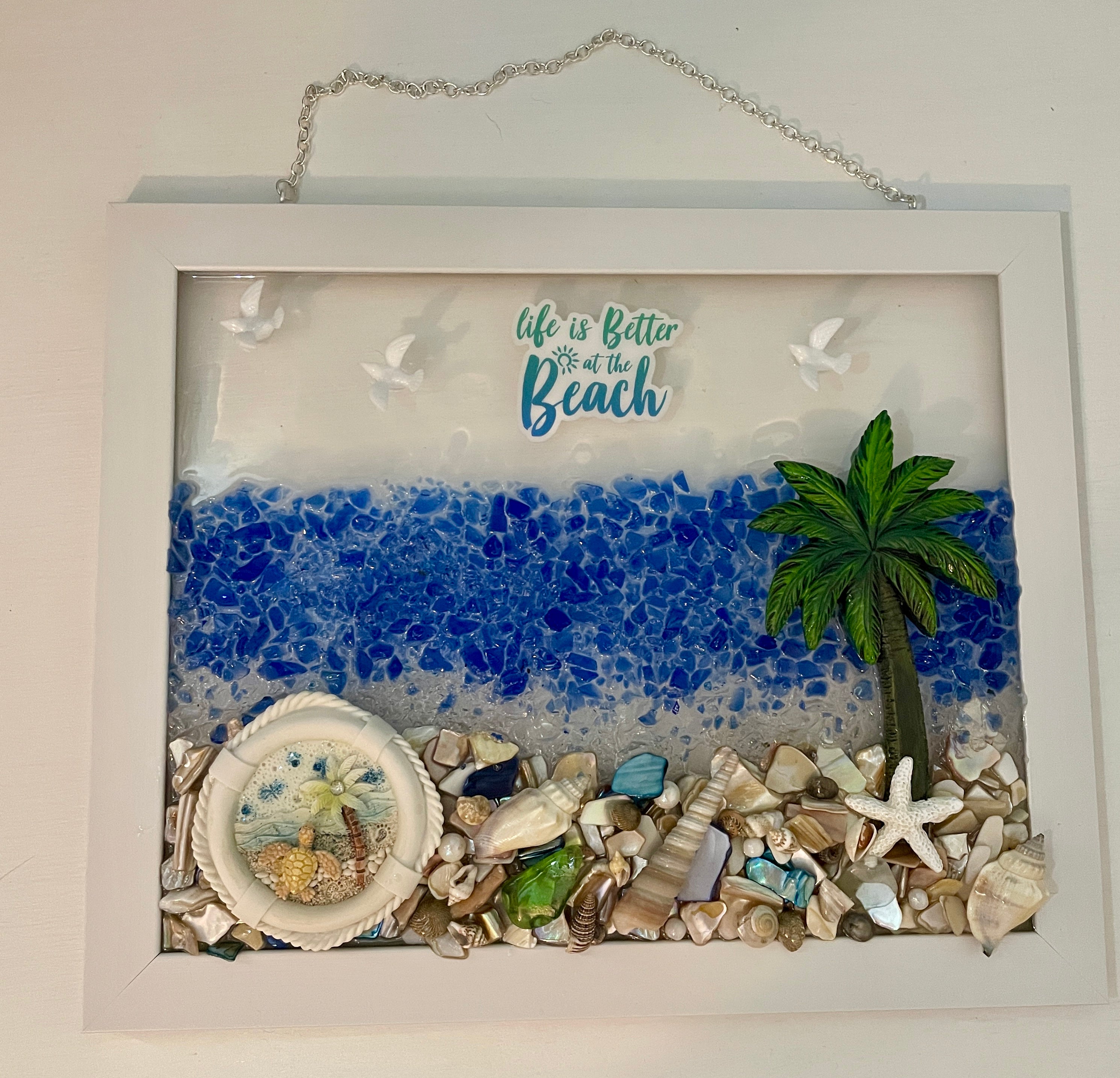 8" x 10" - Ocean scene with REAL SEA GLASS and saying "Life is Better at the Beach"
