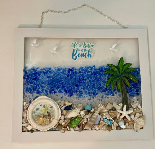 8" x 10" - Ocean scene with REAL SEA GLASS and saying "Life is Better at the Beach"