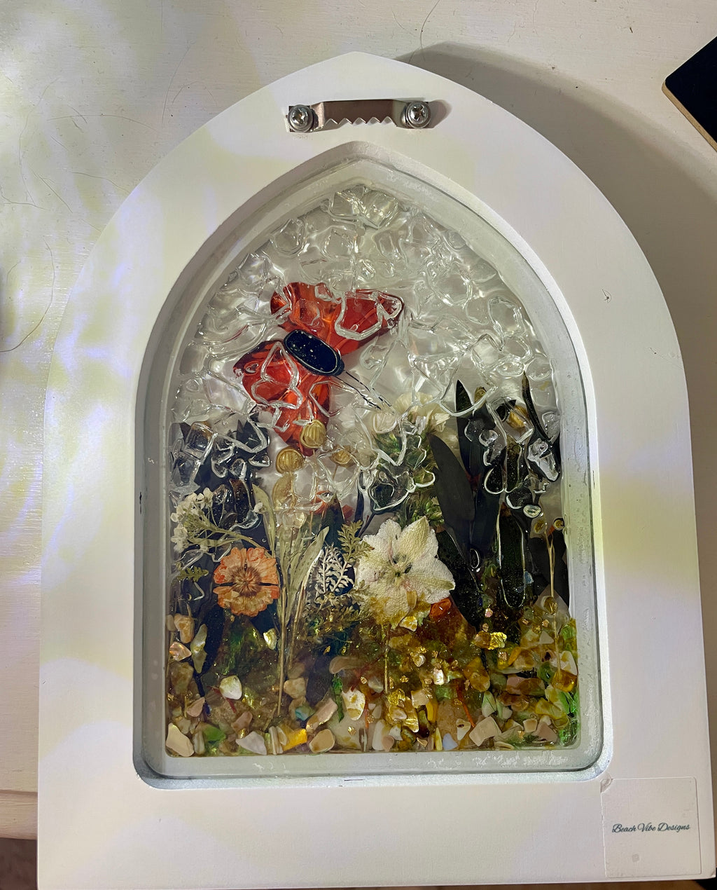 Garden Flowers with 3D Butterfly Crushed Glass Picture - 7" x 9"
