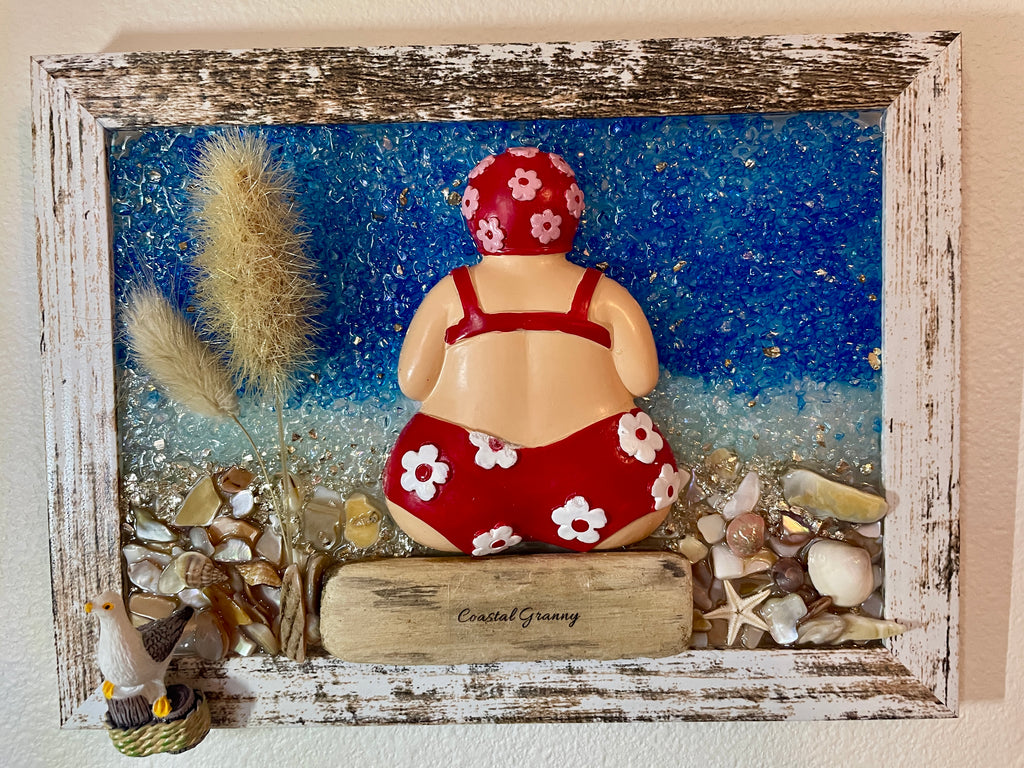 Coastal Granny Beach Scene - 5x7 Handcrafted Art with Crushed Glass