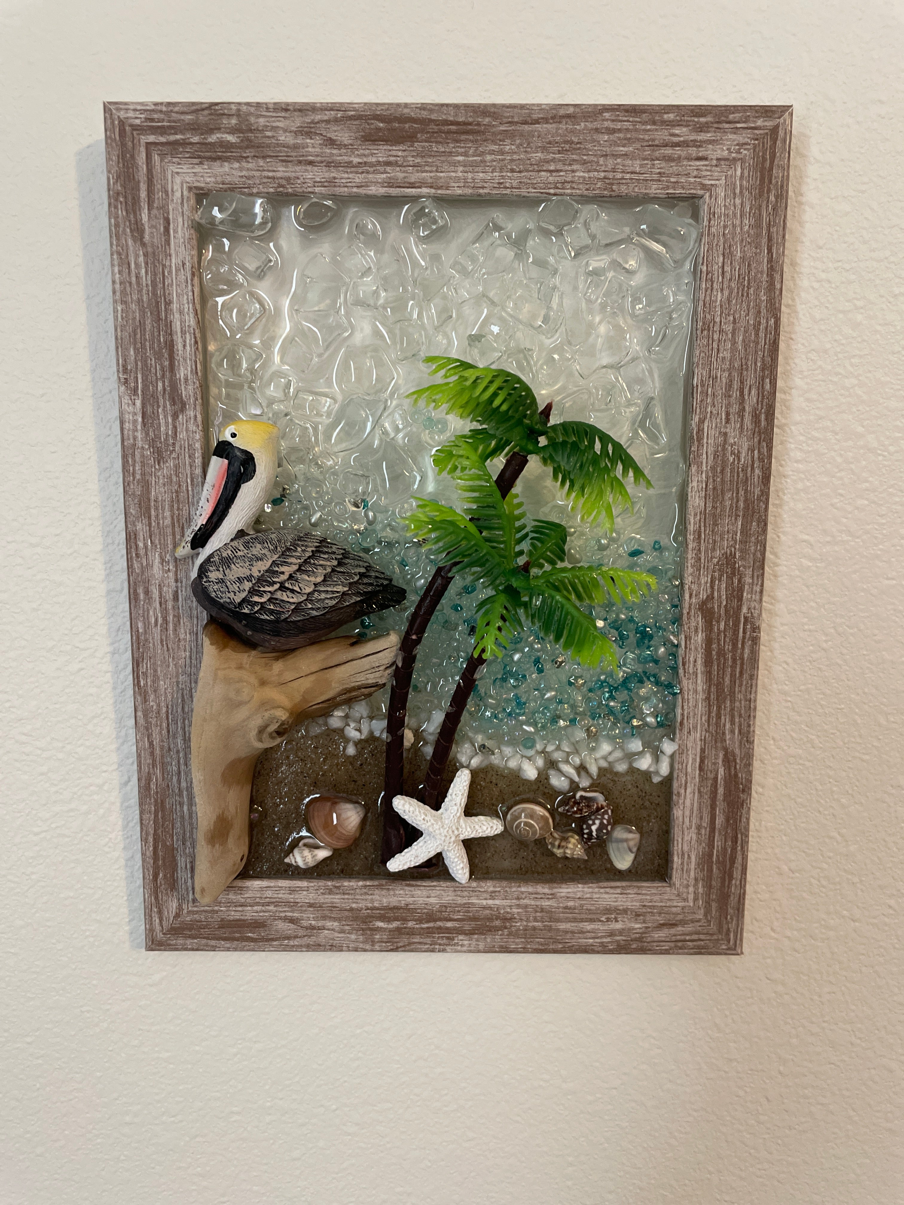 Pelican at the Beach - 5x7 Coastal Crushed Glass Picture