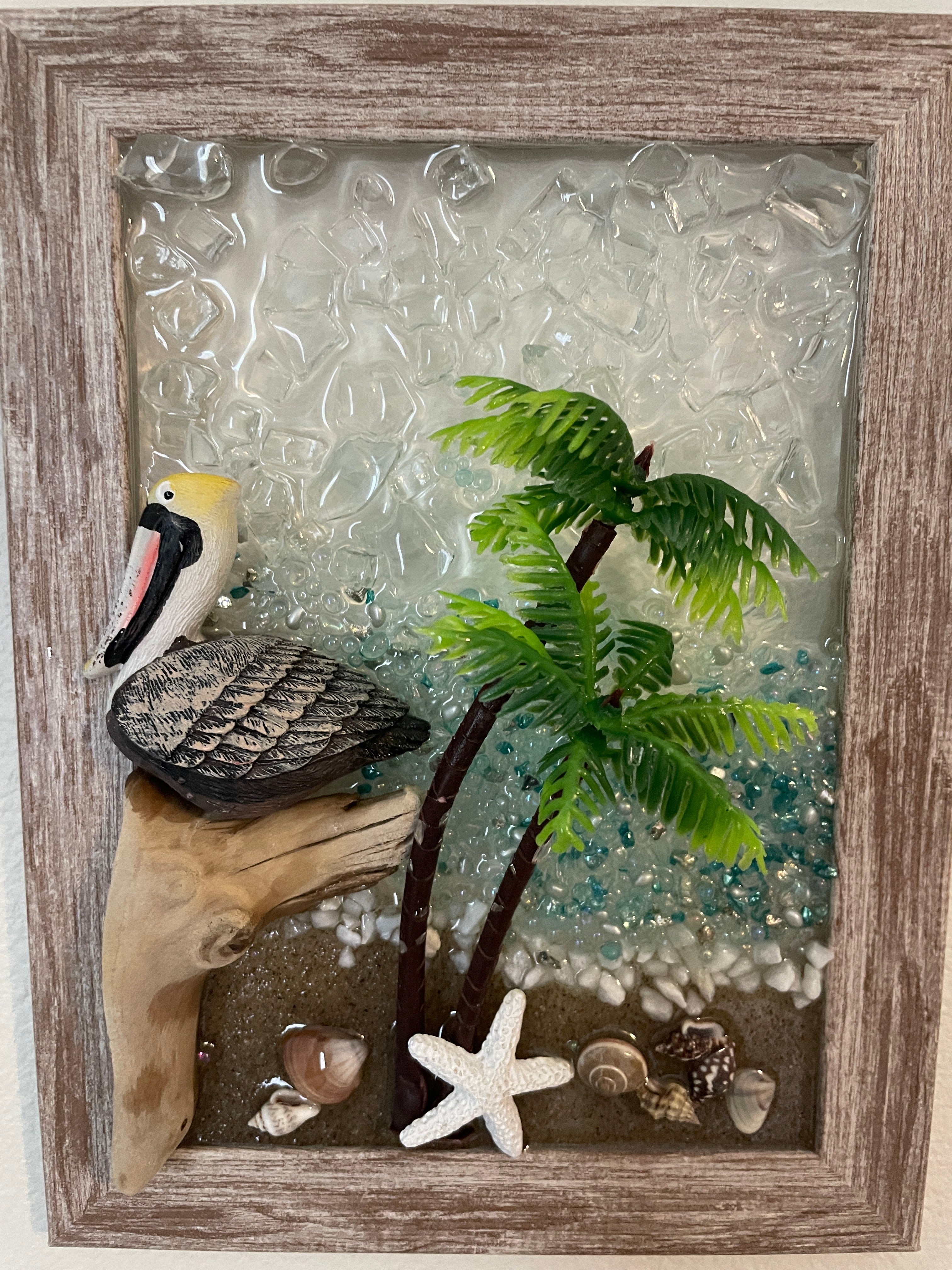 Pelican at the Beach - 5x7 Coastal Crushed Glass Picture