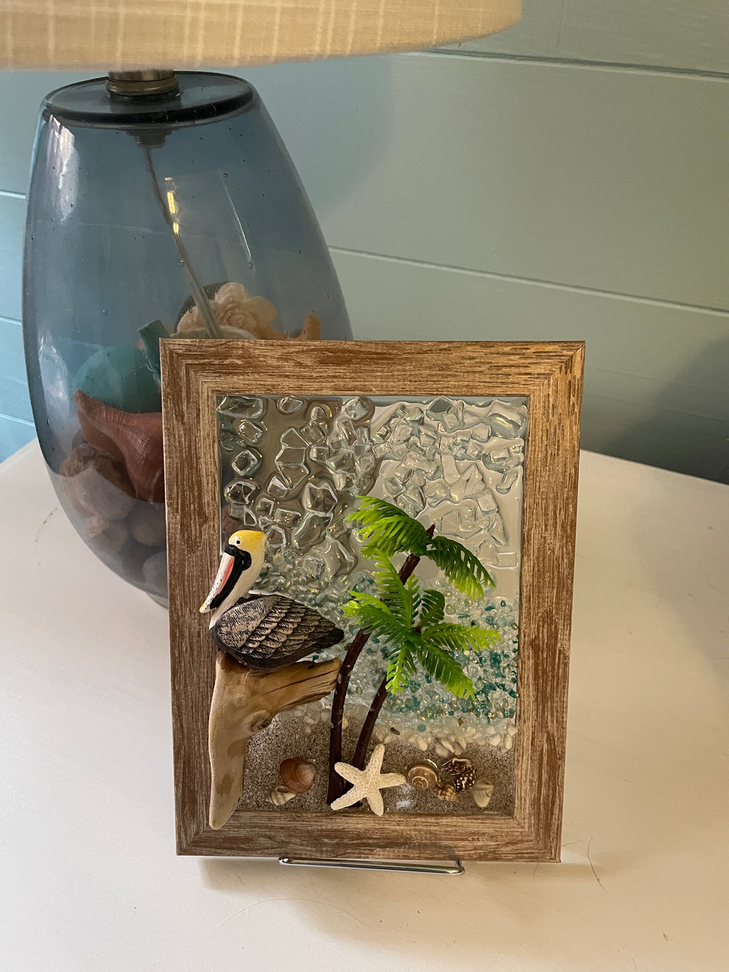 Pelican at the Beach - 5x7 Coastal Crushed Glass Picture