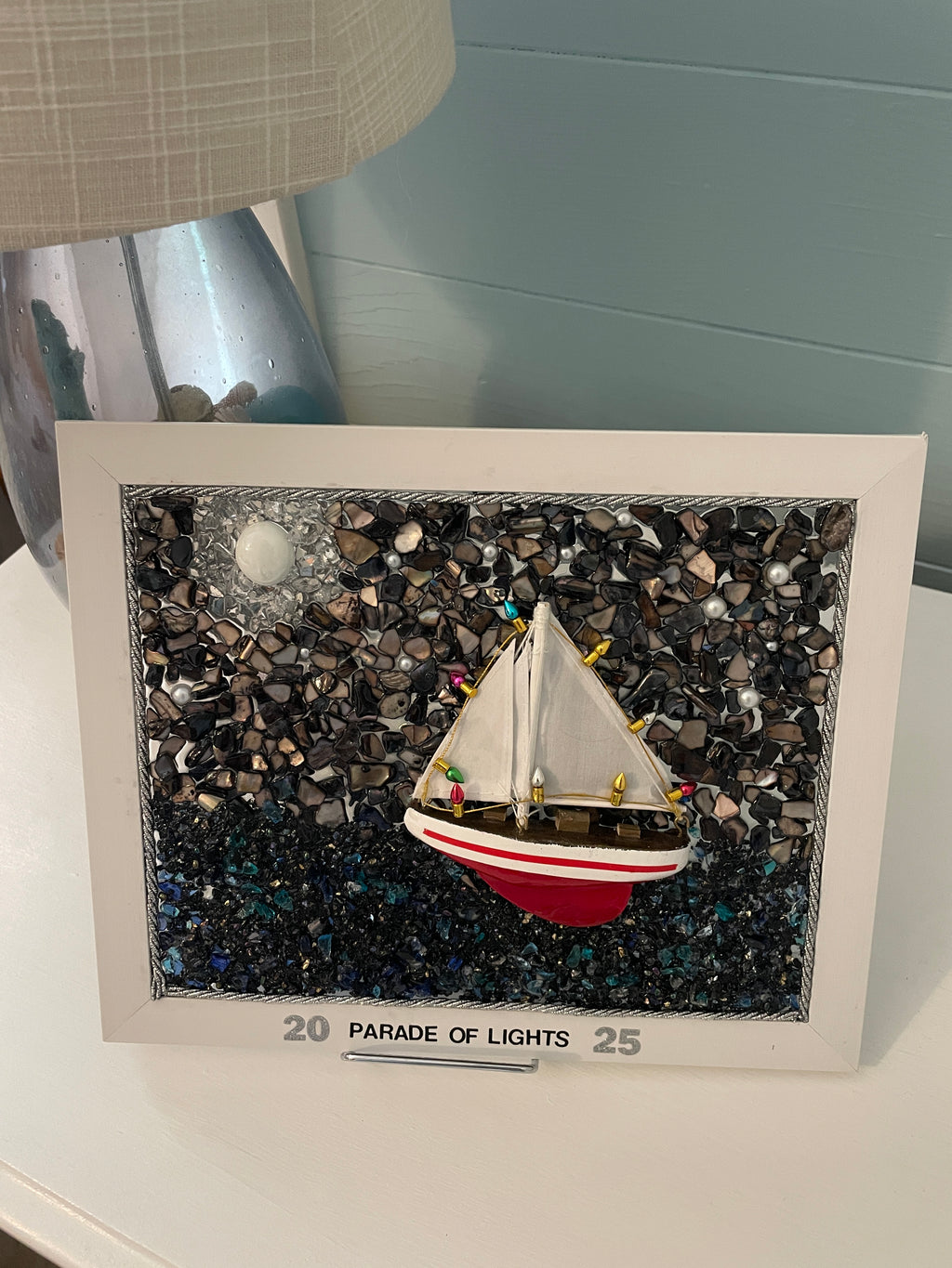 Handcrafted 8x10 "Parade of Lights" Crushed Glass Coastal Scene featuring Decorated Boat