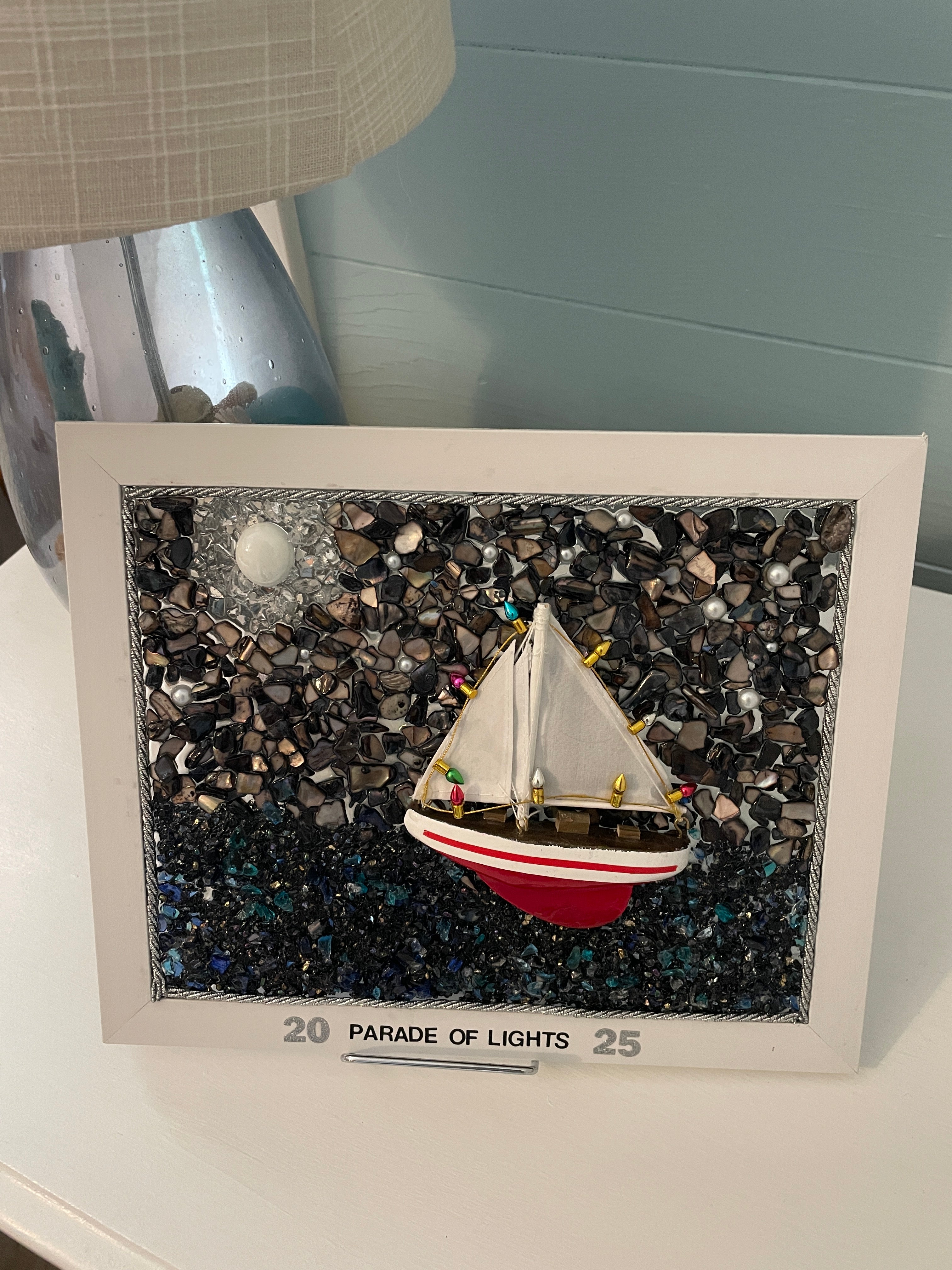 Handcrafted 8x10 "Parade of Lights" Crushed Glass Coastal Scene featuring Decorated Boat