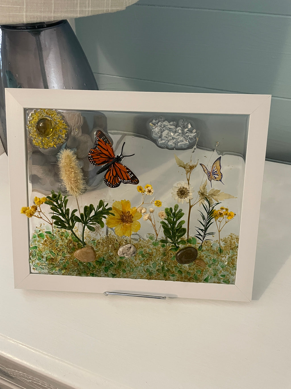 Garden Flowers with 3D Monarch Butterfly - 8x10 Crushed Glass Nature Art