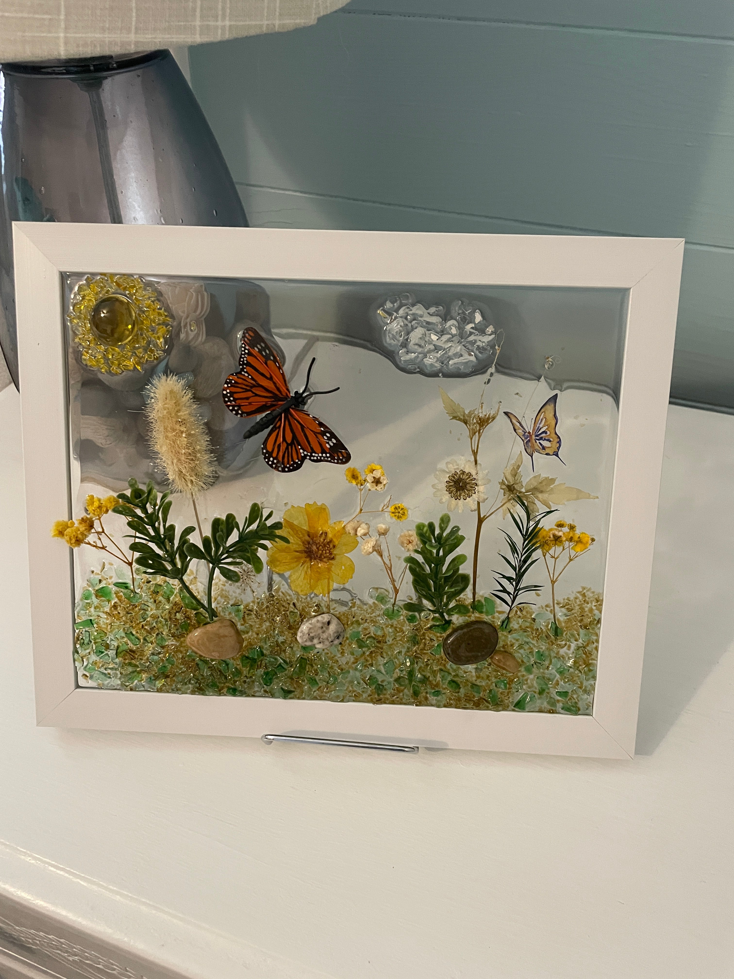 Garden Flowers with 3D Monarch Butterfly - 8x10 Crushed Glass Nature Art