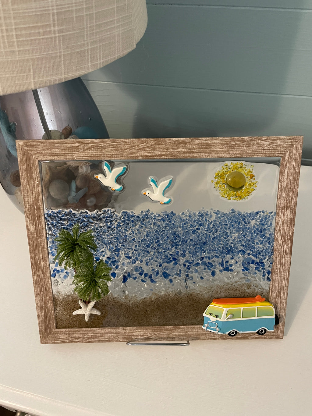 VW Bus Beach Adventure - 8x10 Coastal Art with 3D Resin Bus & Palm Tree and Crushed Glass