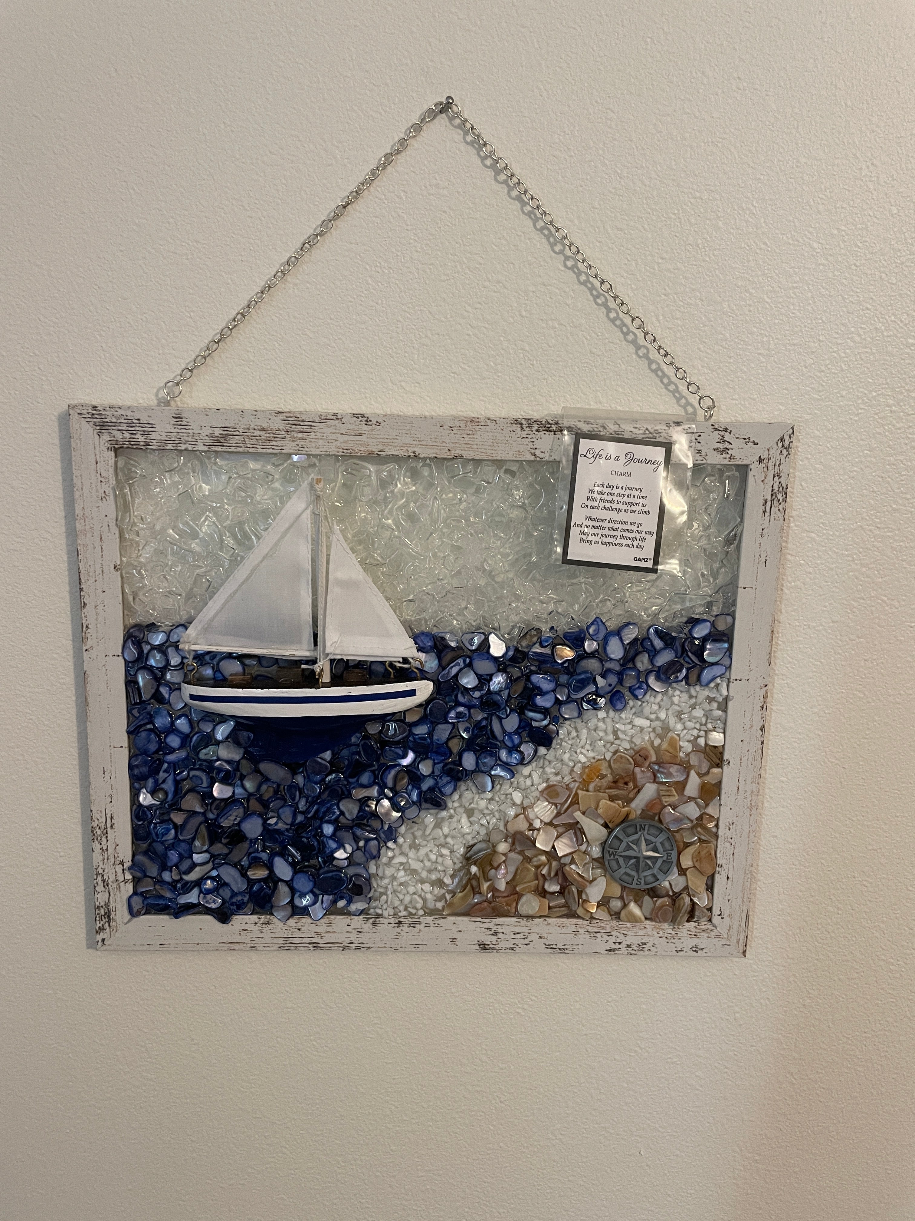 "Life is a Journey" Sailboat - 8x10 Inspirational Coastal Crushed Glass Art