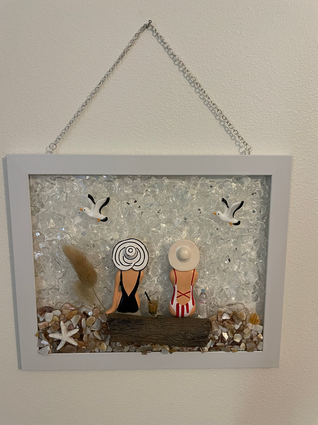 Two Beach Babes on Driftwood Log - 8x10 Crushed Glass Coastal Wall Art