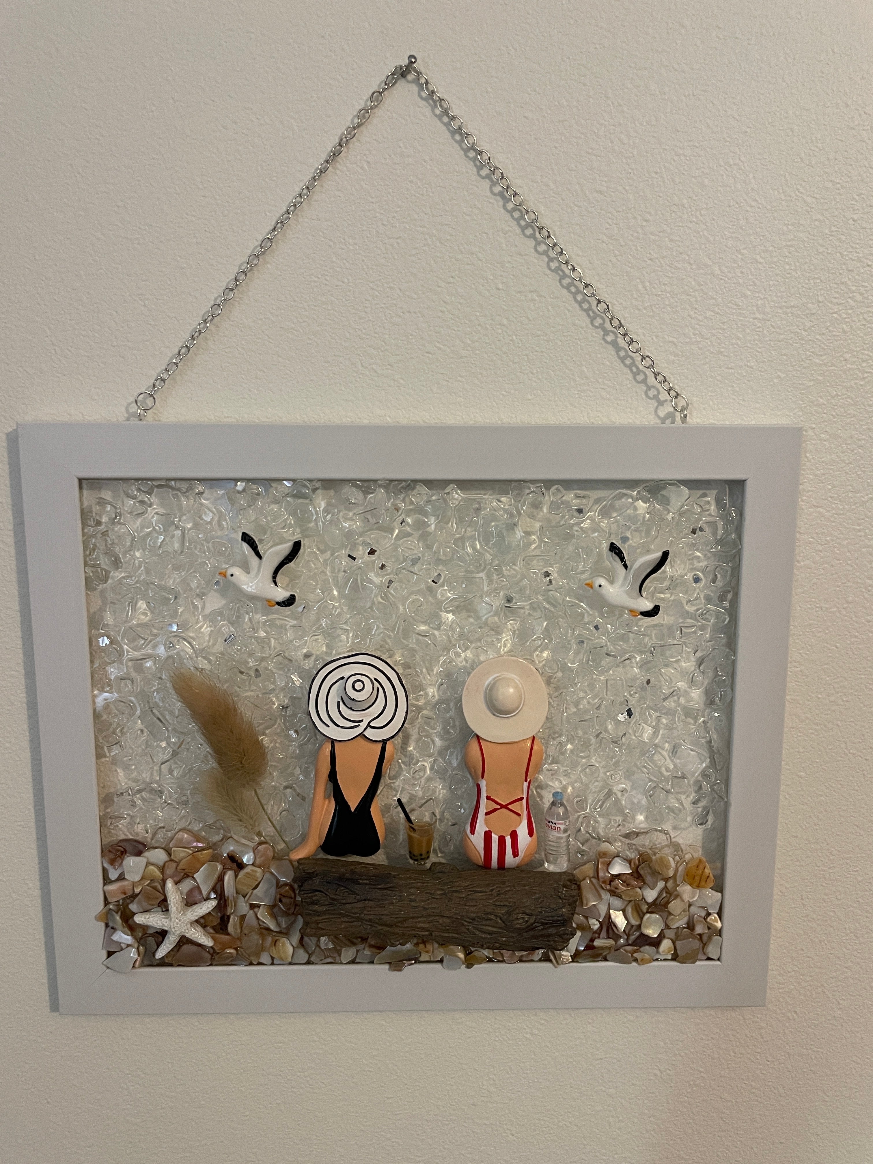 Two Beach Babes on Driftwood Log - 8x10 Crushed Glass Coastal Wall Art