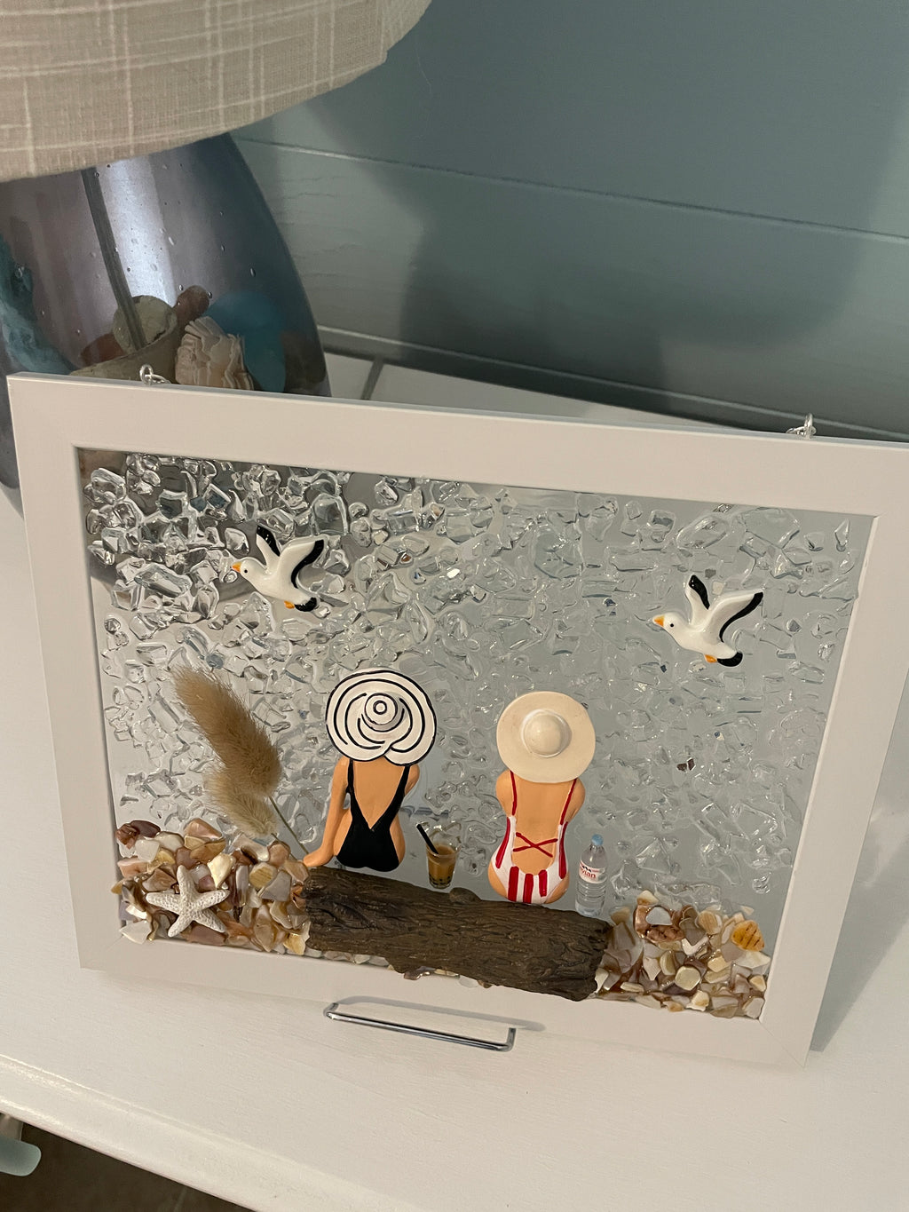 Two Beach Babes on Driftwood Log - 8x10 Crushed Glass Coastal Wall Art