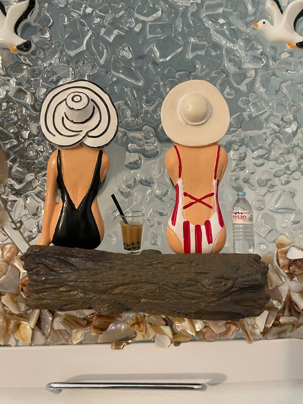 Two Beach Babes on Driftwood Log - 8x10 Crushed Glass Coastal Wall Art