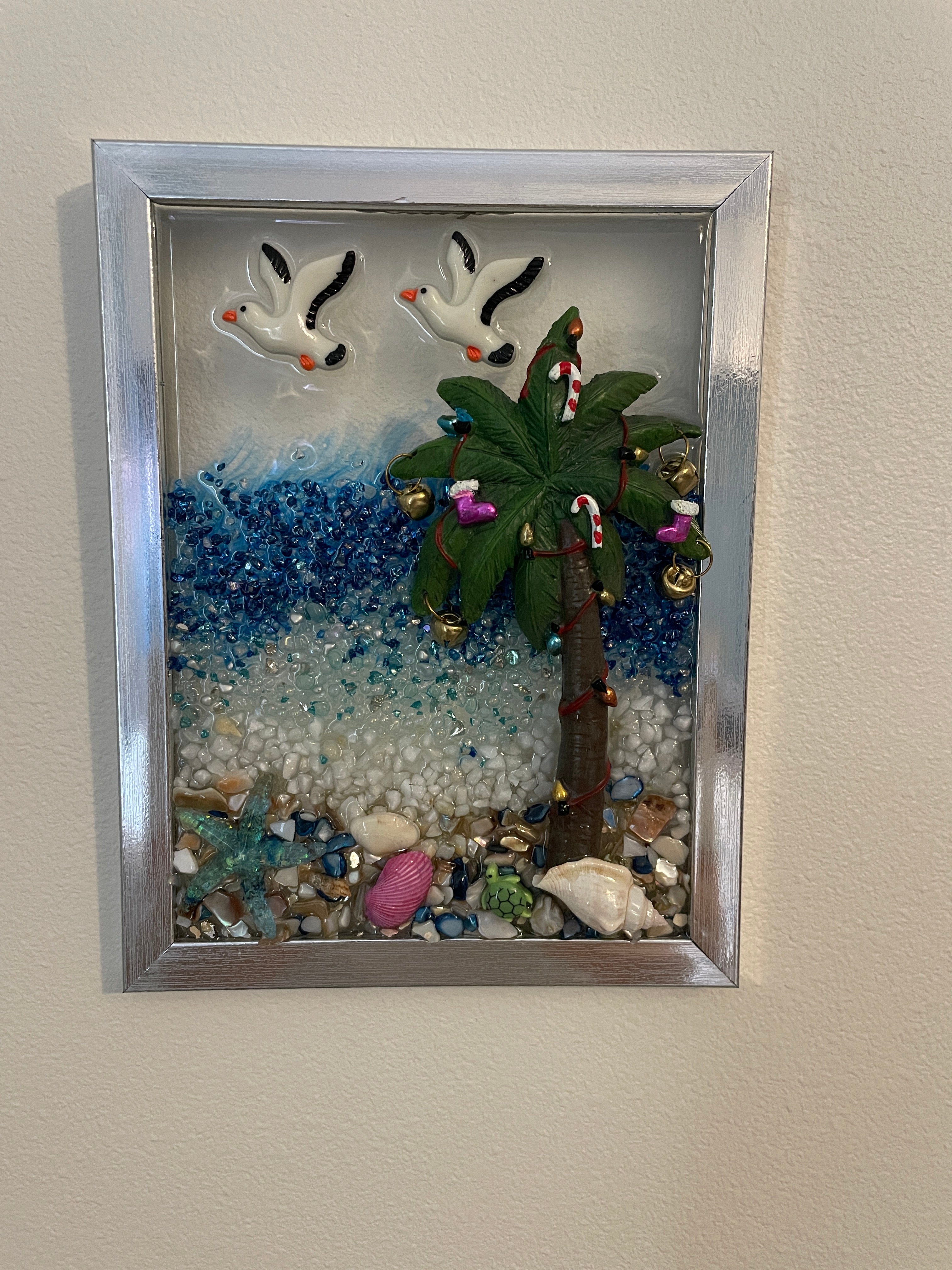 Christmas Palm Tree with Decorative Lights & Seagulls - 5x7 Coastal Holiday Crushed Glass Art