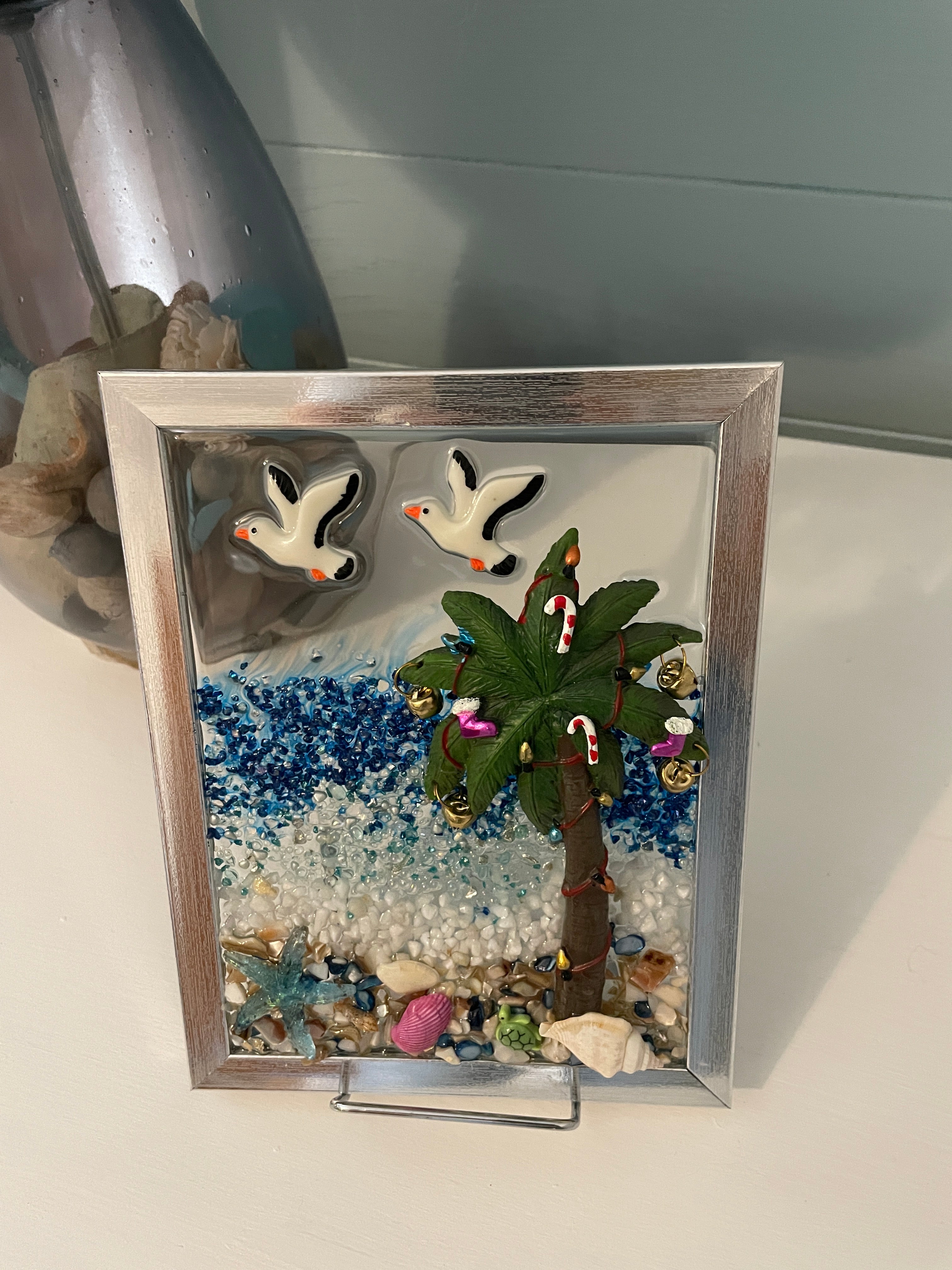 Christmas Palm Tree with Decorative Lights & Seagulls - 5x7 Coastal Holiday Crushed Glass Art