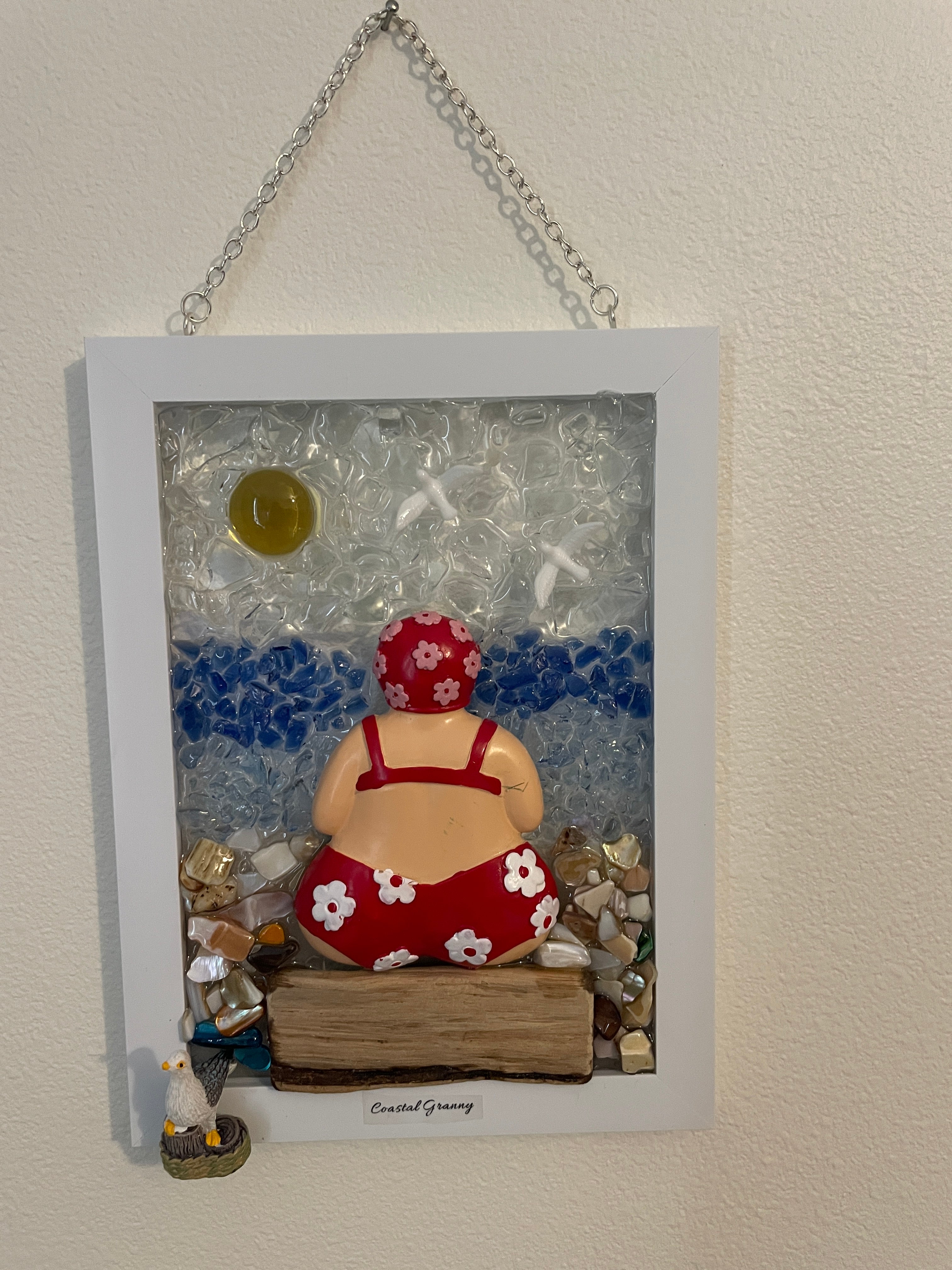 Coastal Granny Beach Scene - 5x7 Handcrafted Art with Crushed Glass