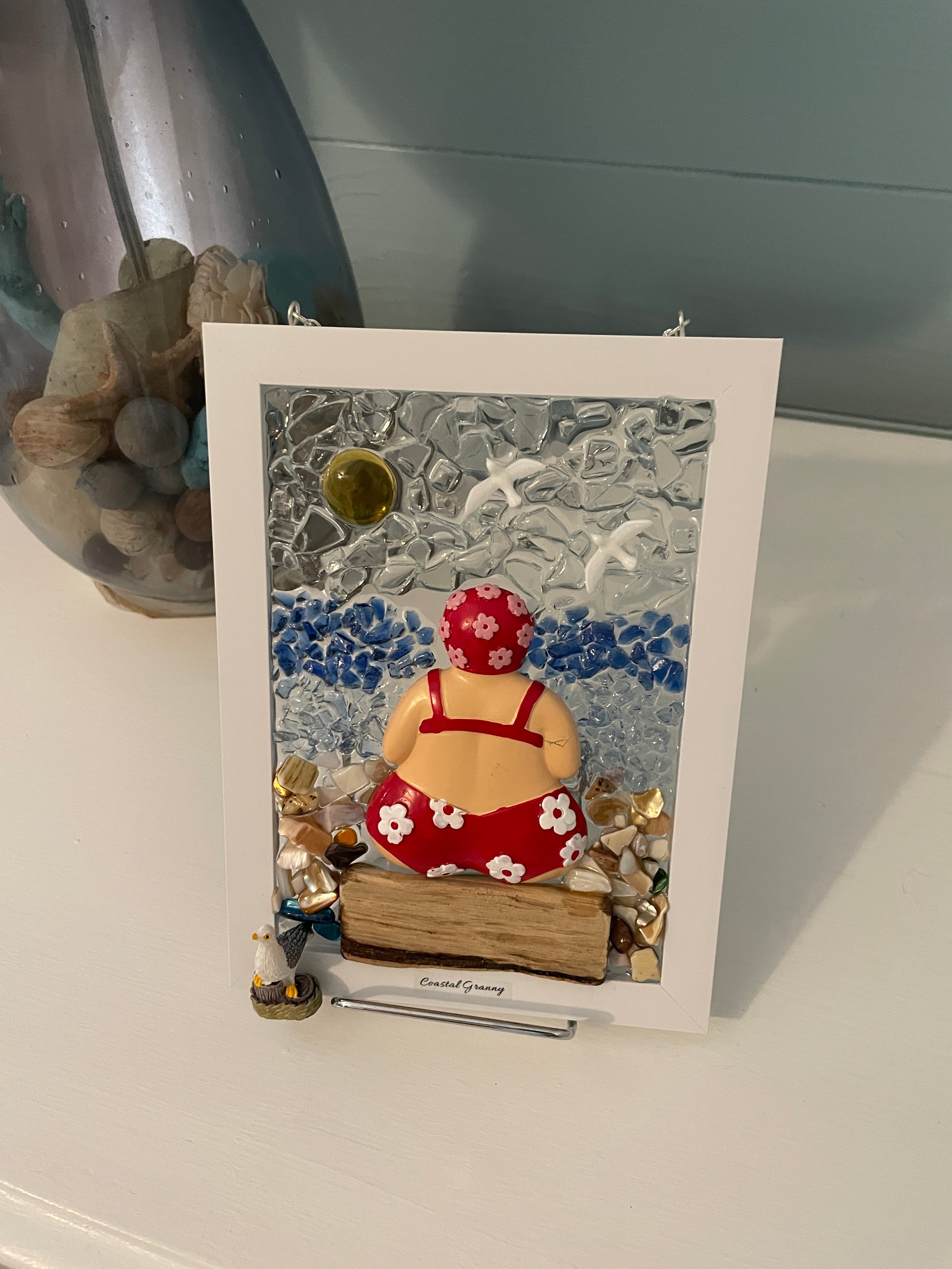 Coastal Granny Beach Scene - 5x7 Handcrafted Art with Crushed Glass