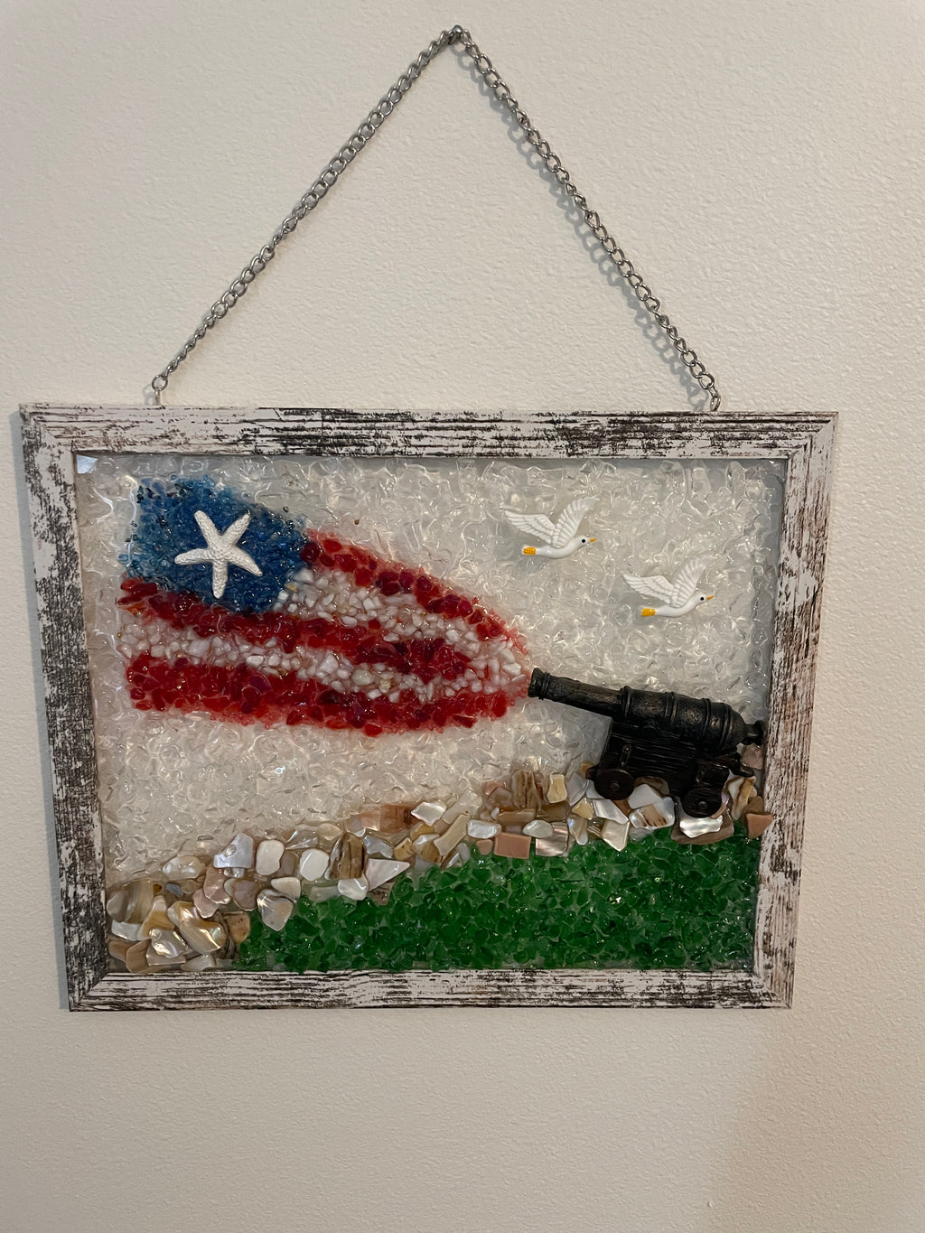 Patriotic Cannon with American Flag - 8x10 Crushed Glass & Shell Art