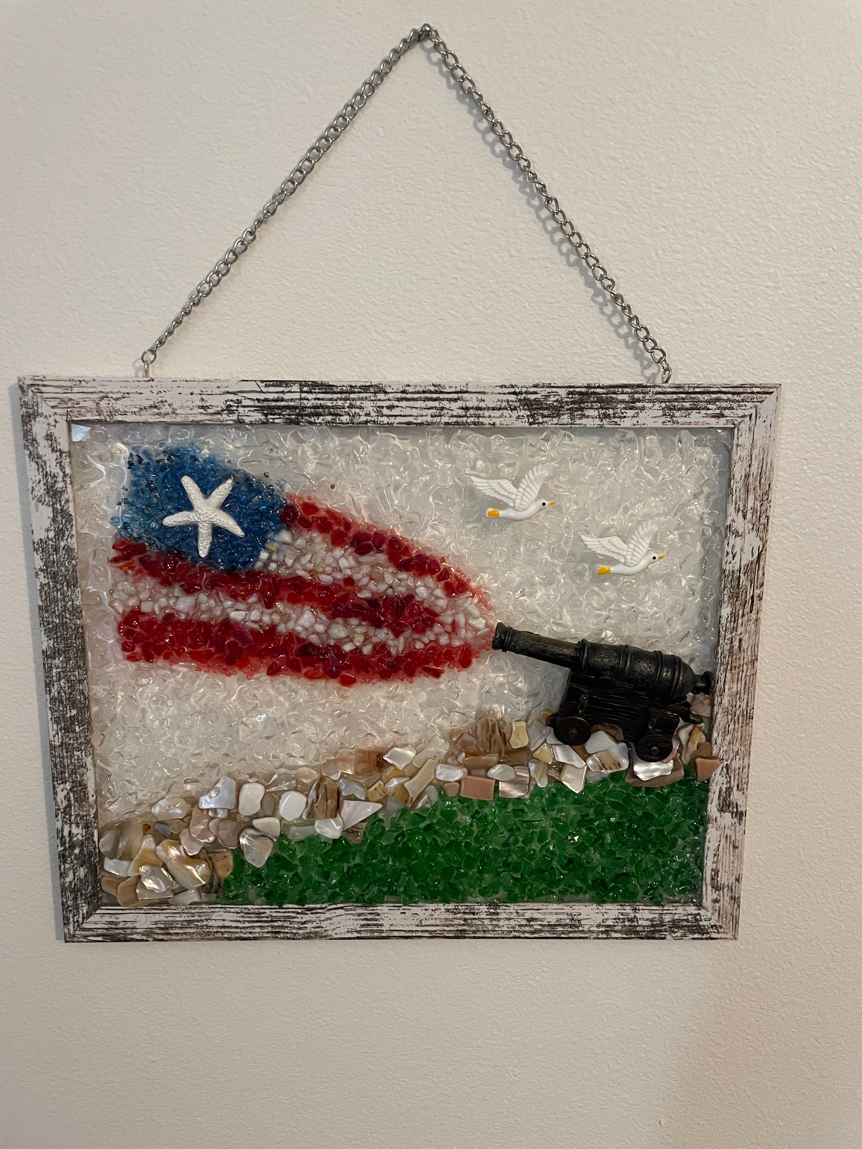 Patriotic Cannon with American Flag - 8x10 Crushed Glass & Shell Art