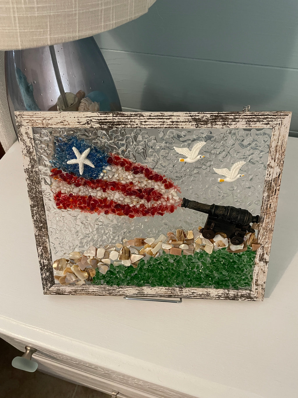 Patriotic Cannon with American Flag - 8x10 Crushed Glass & Shell Art