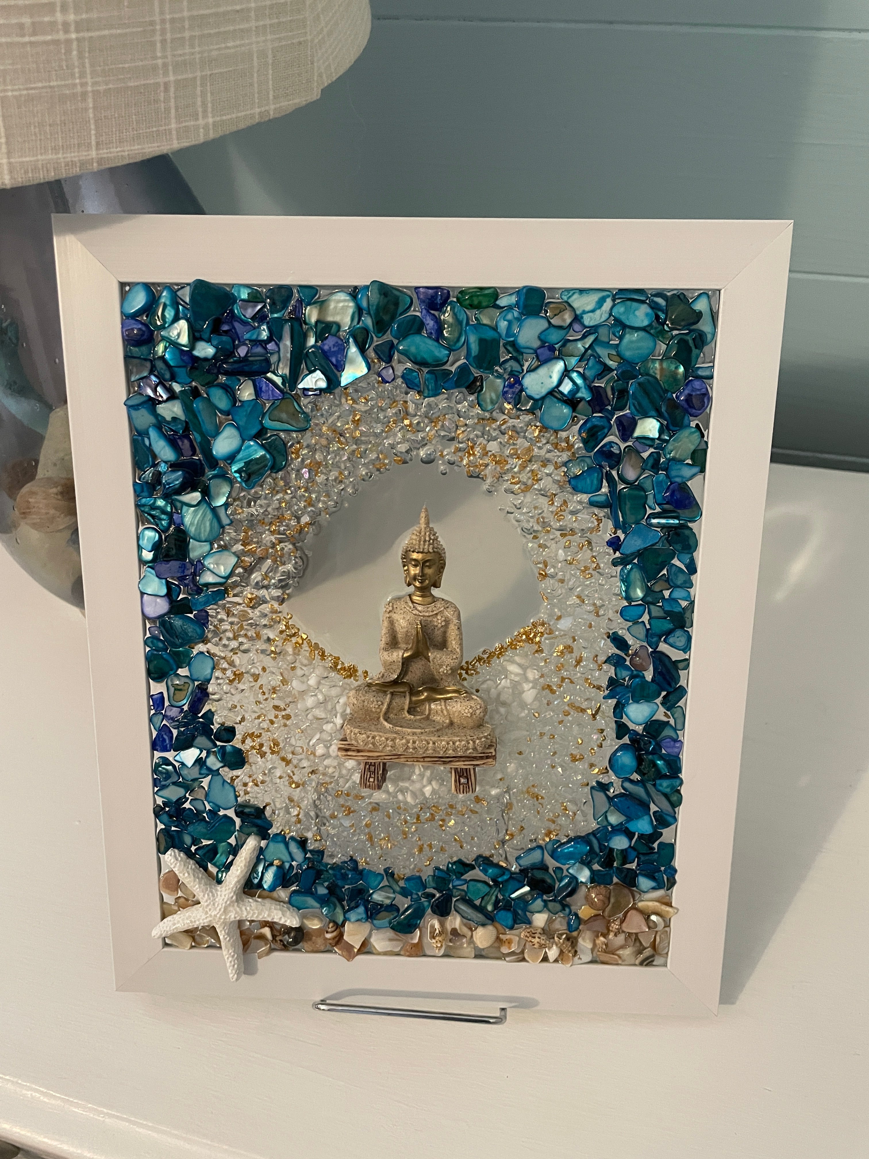 Buddha on Peaceful Beach - 8x10 Zen Coastal Crushed Glass Art
