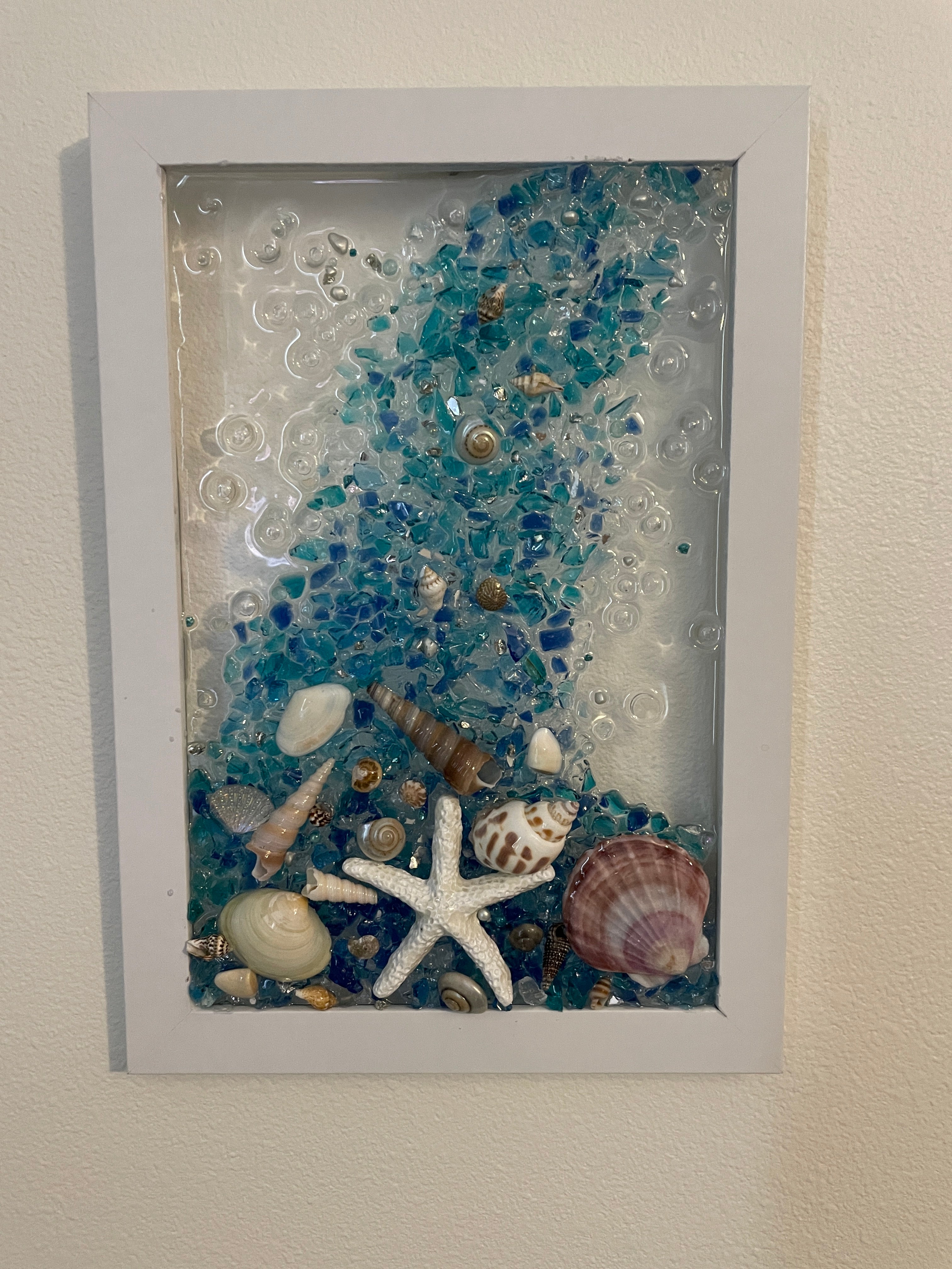 Ocean Waterfall in Blue - 8.5x5.5 Crushed Glass Coastal Art with Shells & Starfish