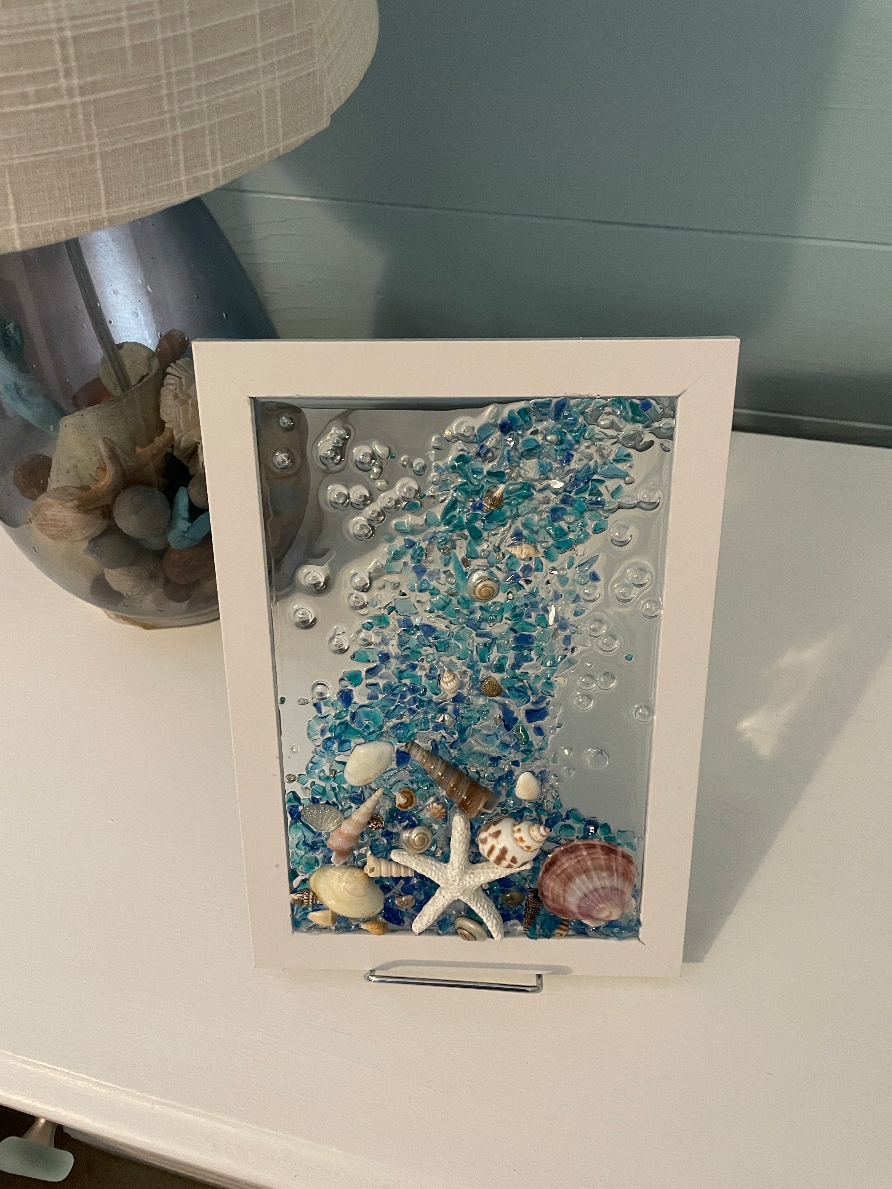 Ocean Waterfall in Blue - 8.5x5.5 Crushed Glass Coastal Art with Shells & Starfish
