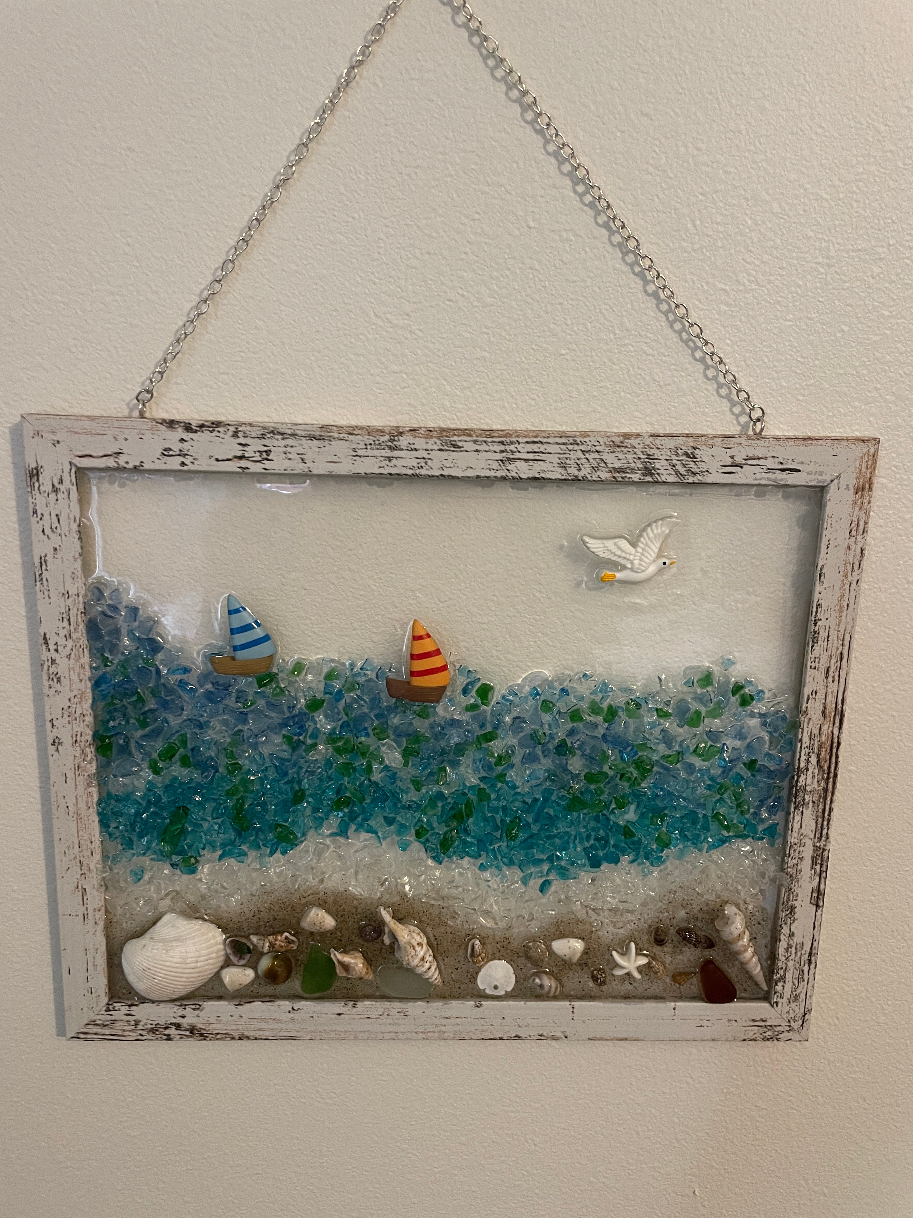 Sailboats on Ocean Beach - 8x10 Coastal Crushed Glass Art with Authentic Sea Glass
