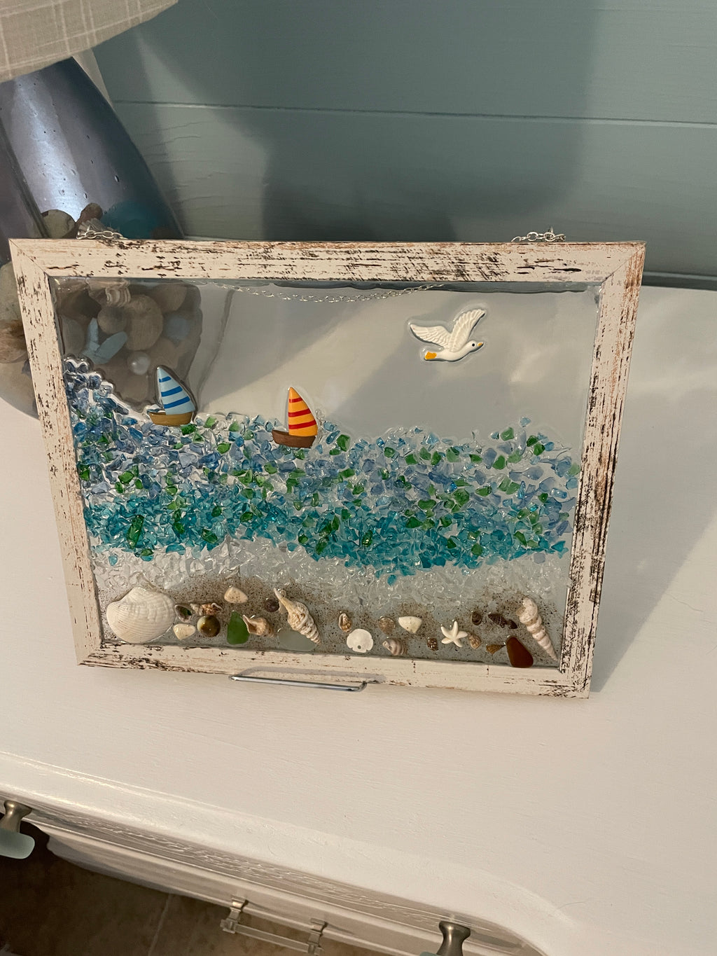 Sailboats on Ocean Beach - 8x10 Coastal Crushed Glass Art with Authentic Sea Glass