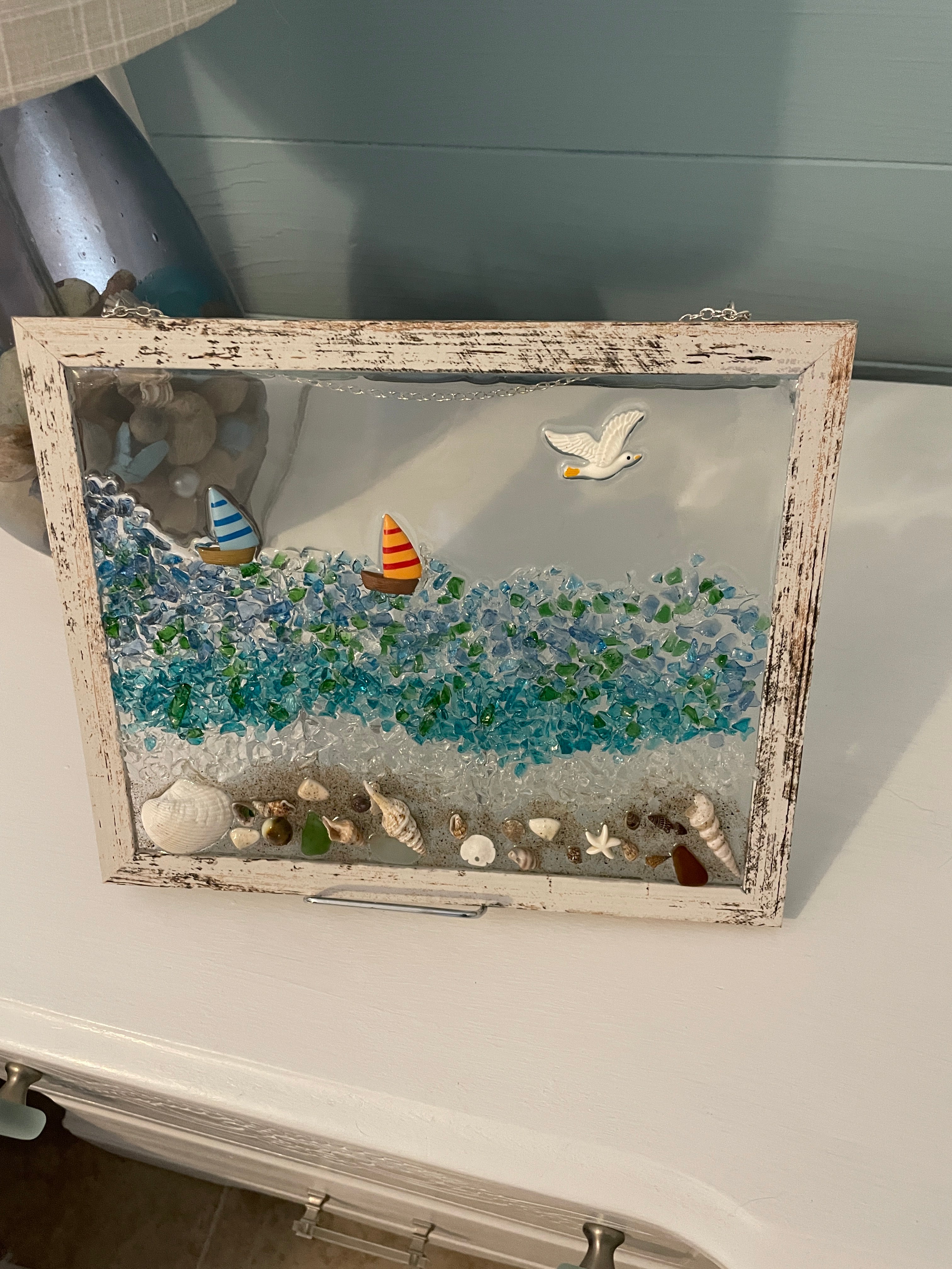 Sailboats on Ocean Beach - 8x10 Coastal Crushed Glass Art with Authentic Sea Glass