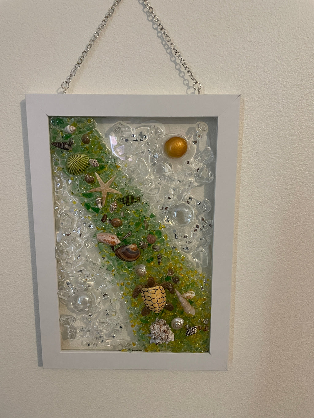 Ocean Waterfall in Yellow - 8.5x5.5 Crushed Glass Coastal Art with Shells & Turtle