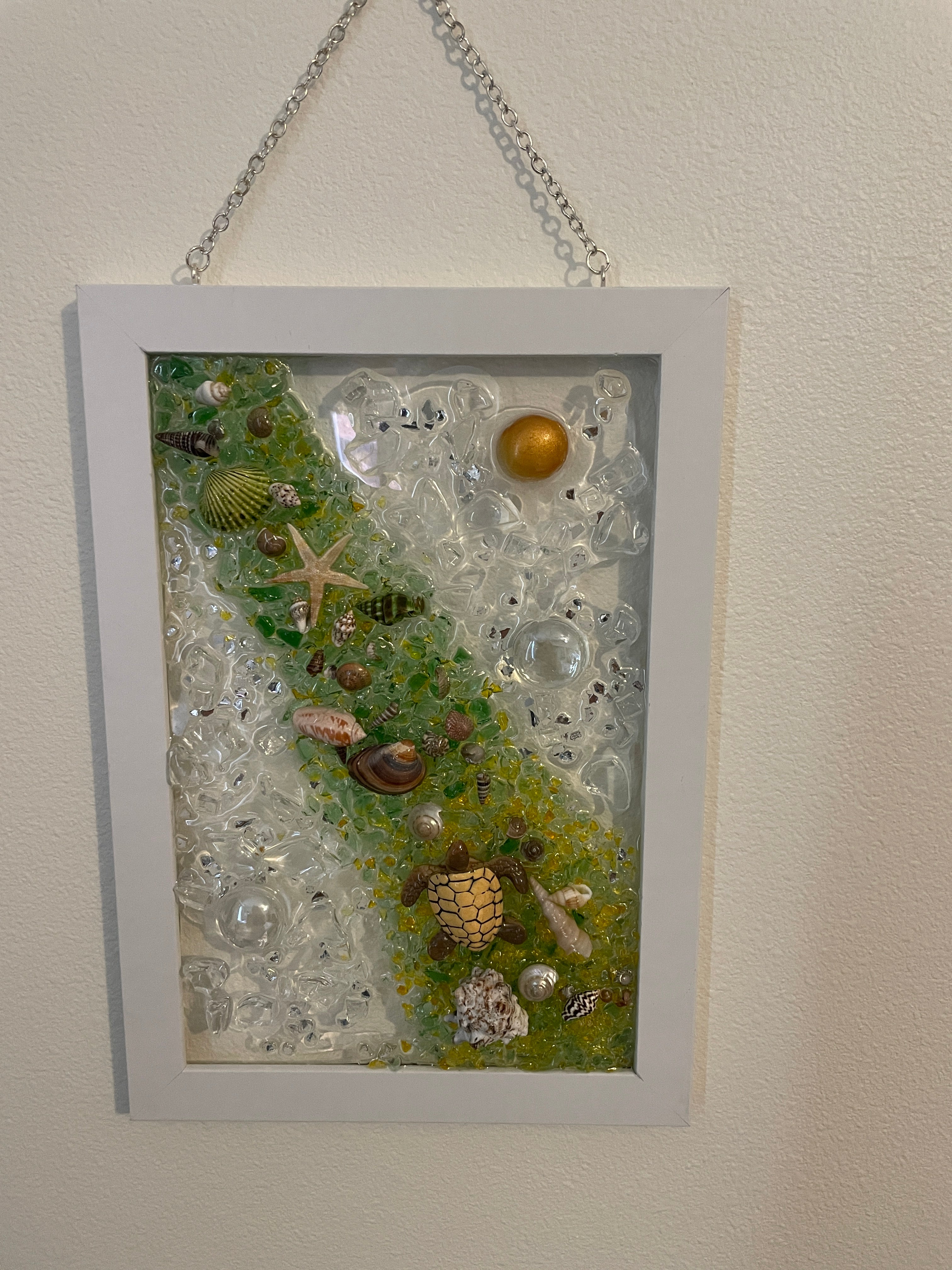 Ocean Waterfall in Yellow - 8.5x5.5 Crushed Glass Coastal Art with Shells & Turtle