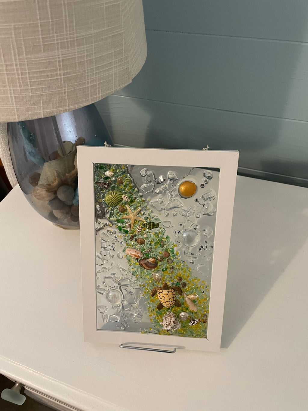 Ocean Waterfall in Yellow - 8.5x5.5 Crushed Glass Coastal Art with Shells & Turtle