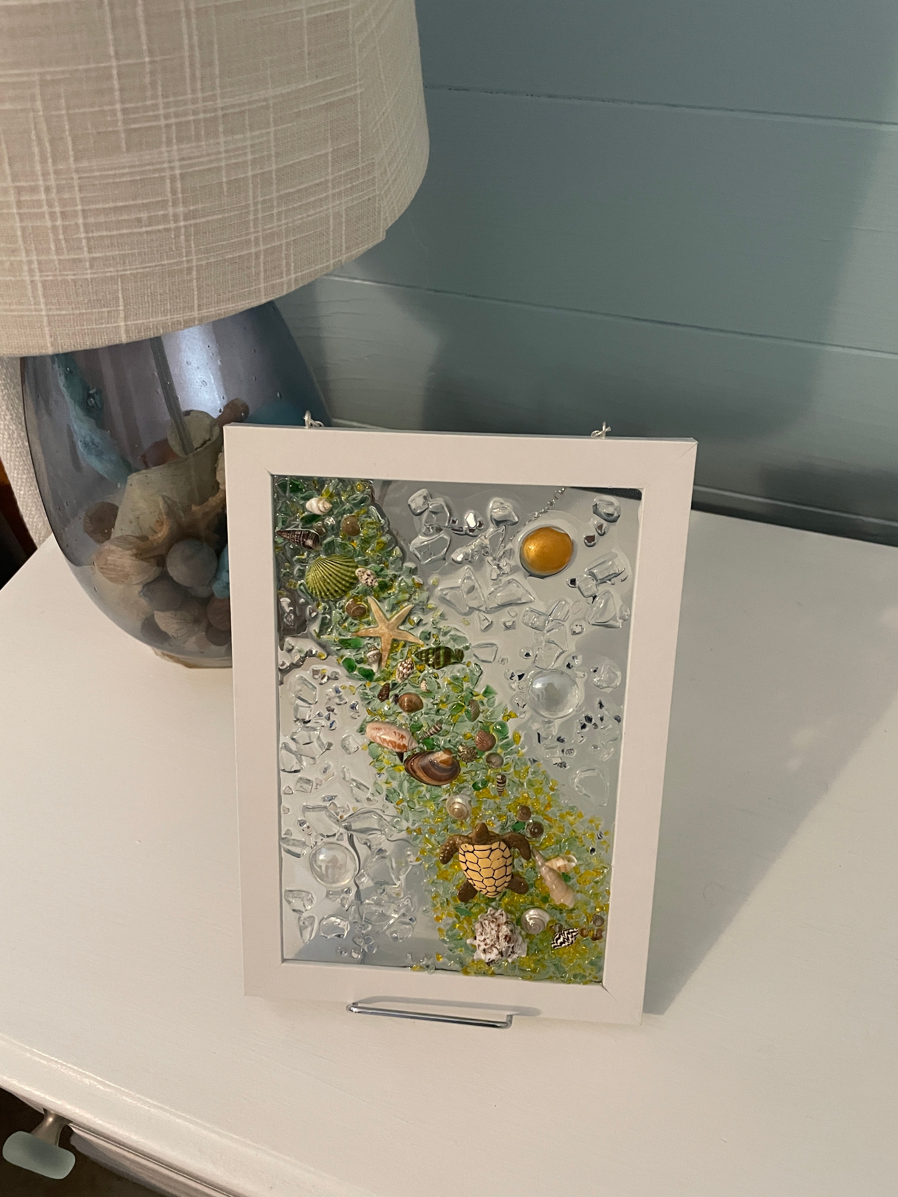 Ocean Waterfall in Yellow - 8.5x5.5 Crushed Glass Coastal Art with Shells & Turtle