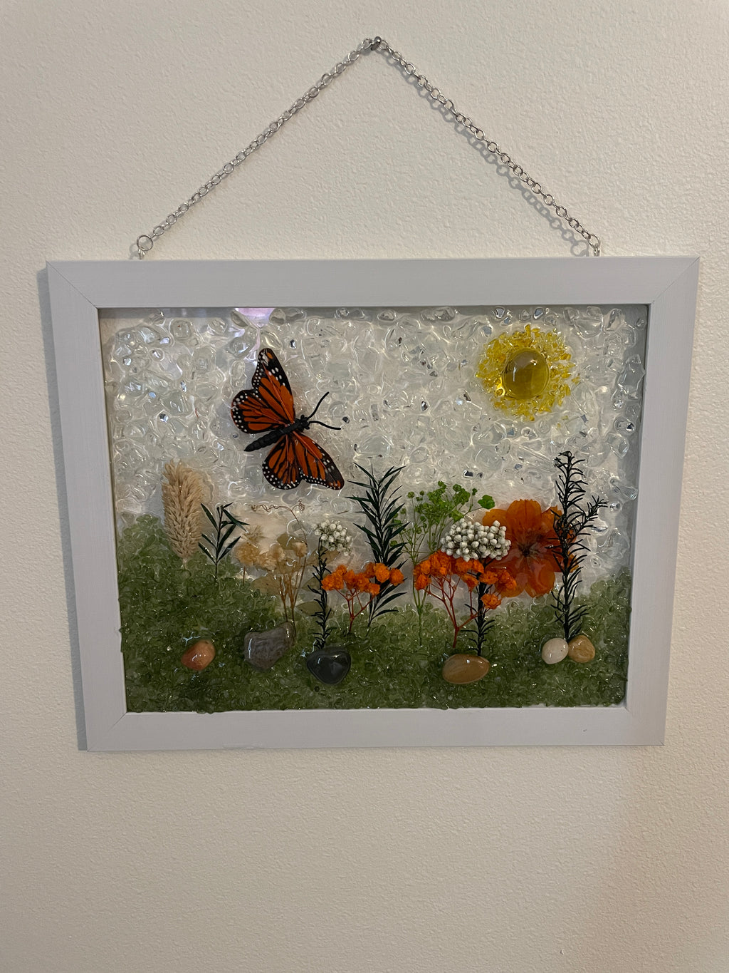 Vibrant Garden with 3D Monarch Butterfly - 8x10 Crushed Glass Nature Art
