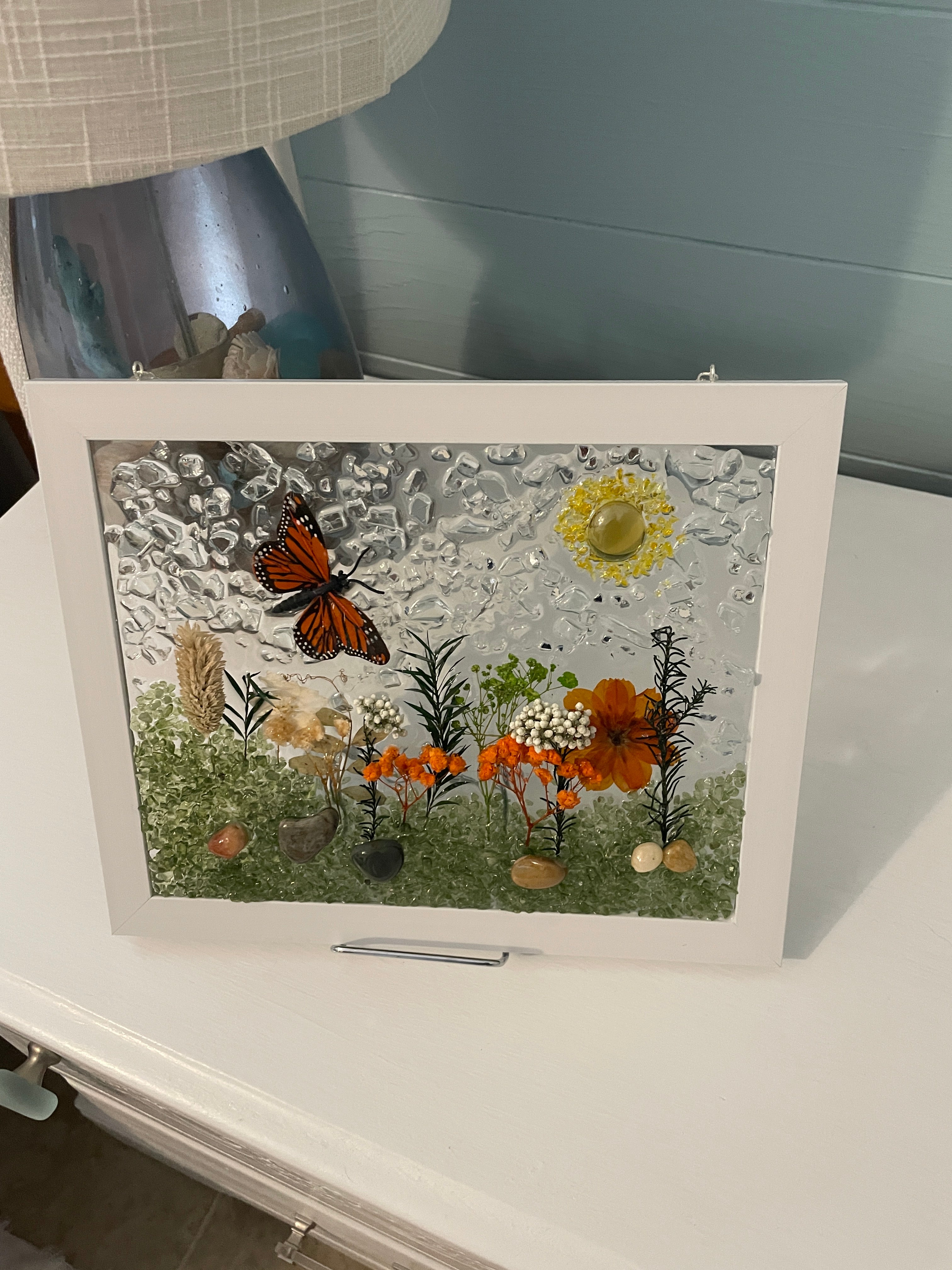 Vibrant Garden with 3D Monarch Butterfly - 8x10 Crushed Glass Nature Art