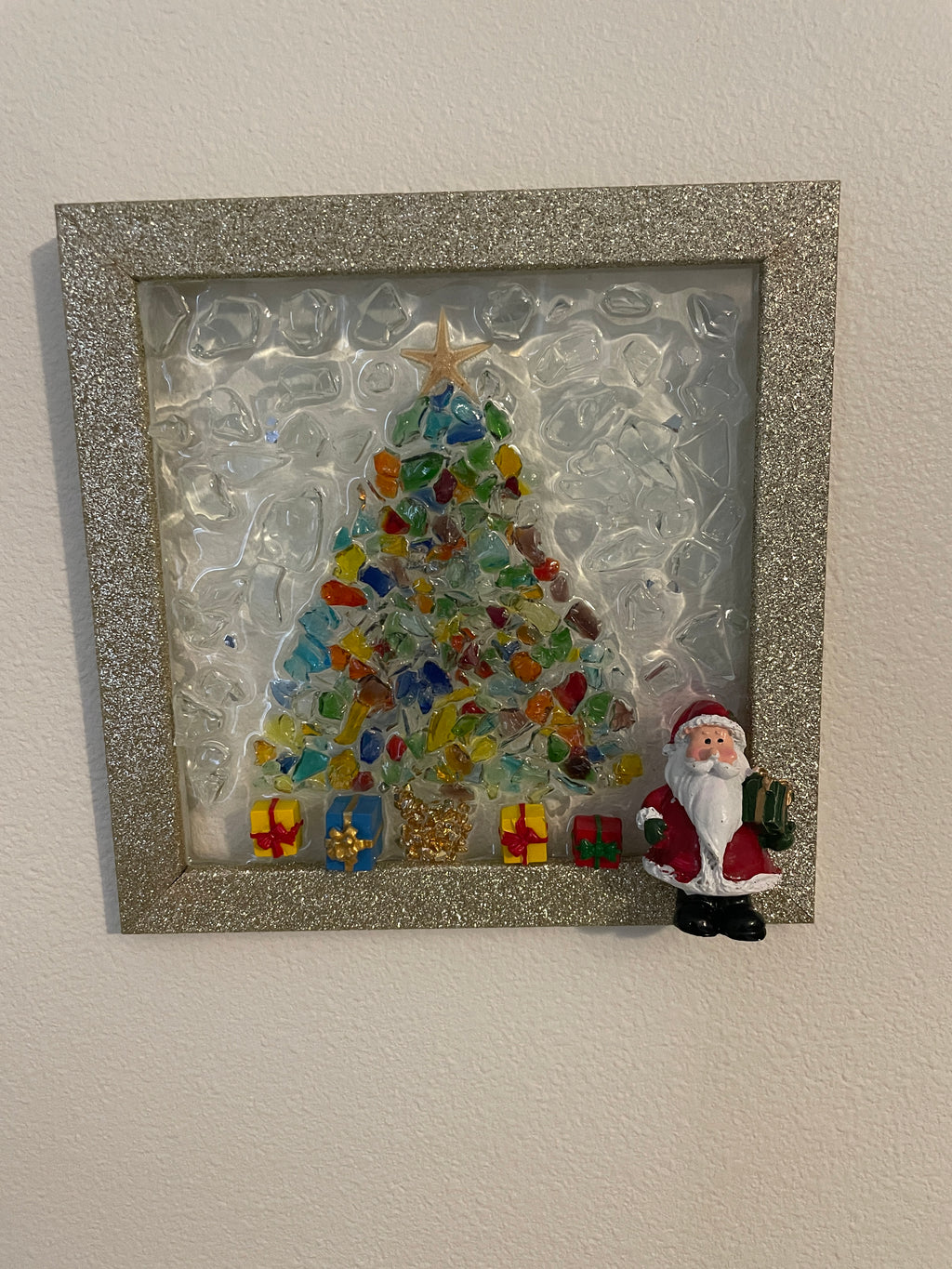 Christmas Tree with Santa & Wrapped Gifts - 5x7 Holiday Crushed Glass Art