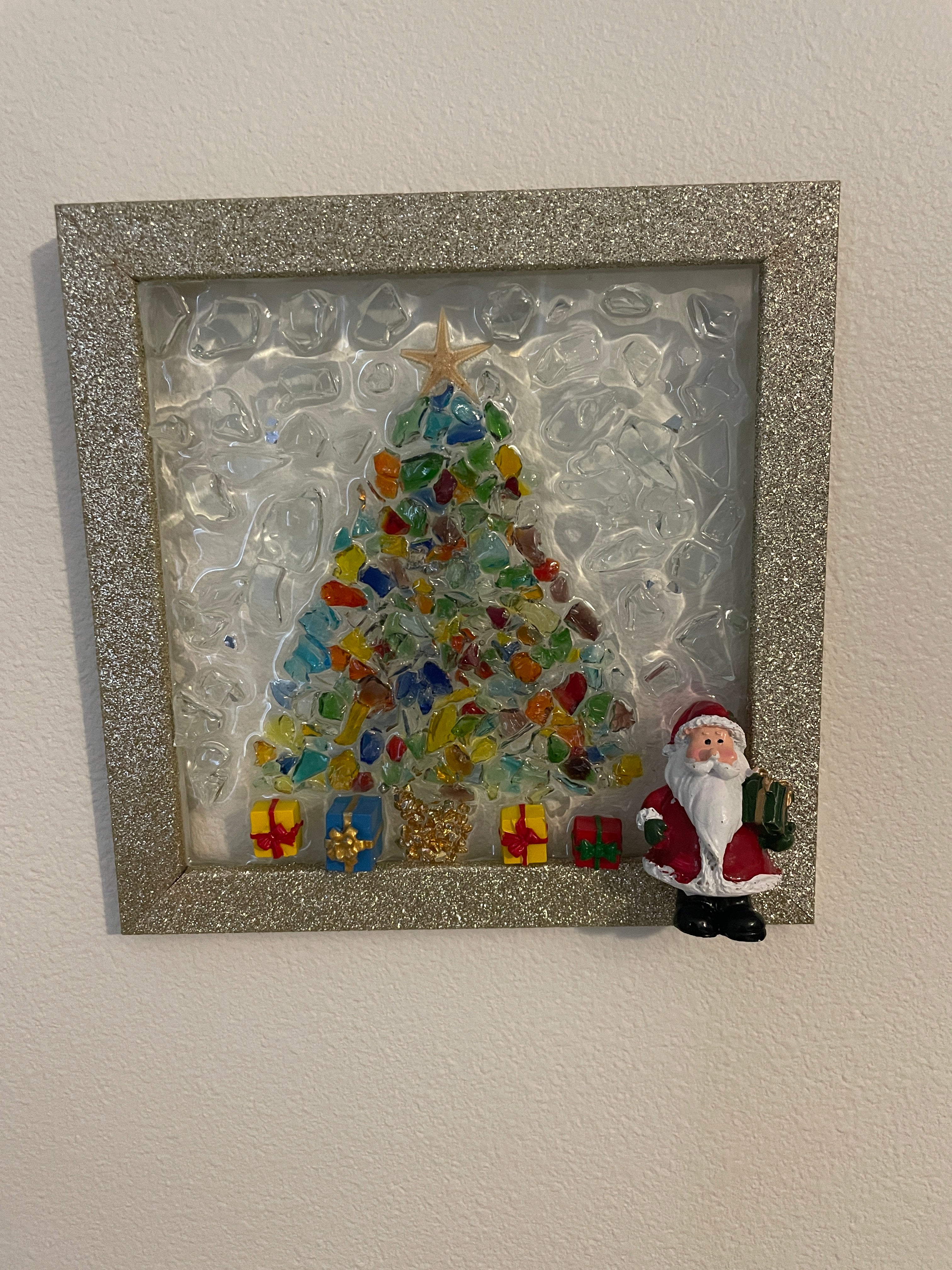 Christmas Tree with Santa & Wrapped Gifts - 5x7 Holiday Crushed Glass Art
