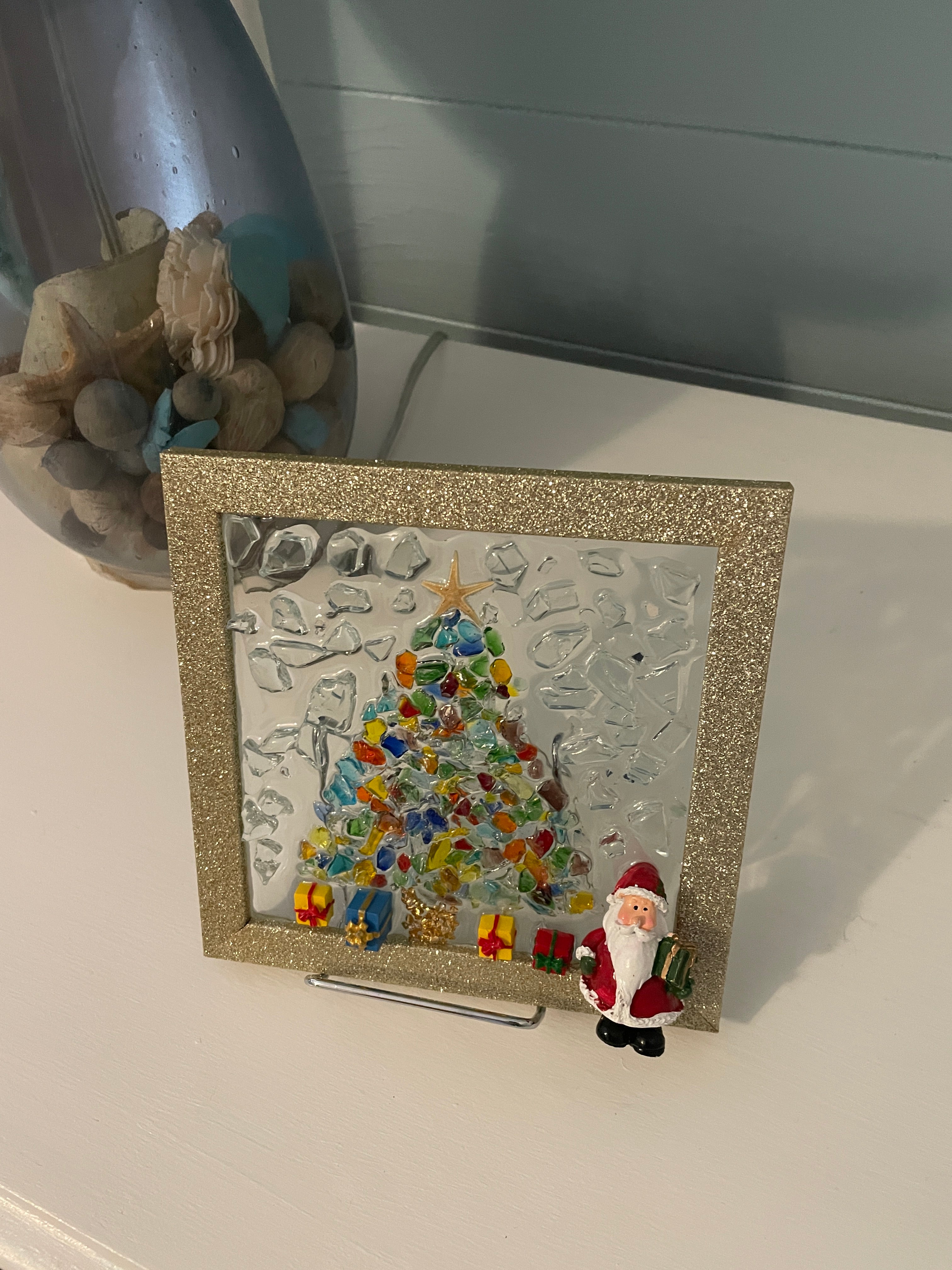 Christmas Tree with Santa & Wrapped Gifts - 5x7 Holiday Crushed Glass Art