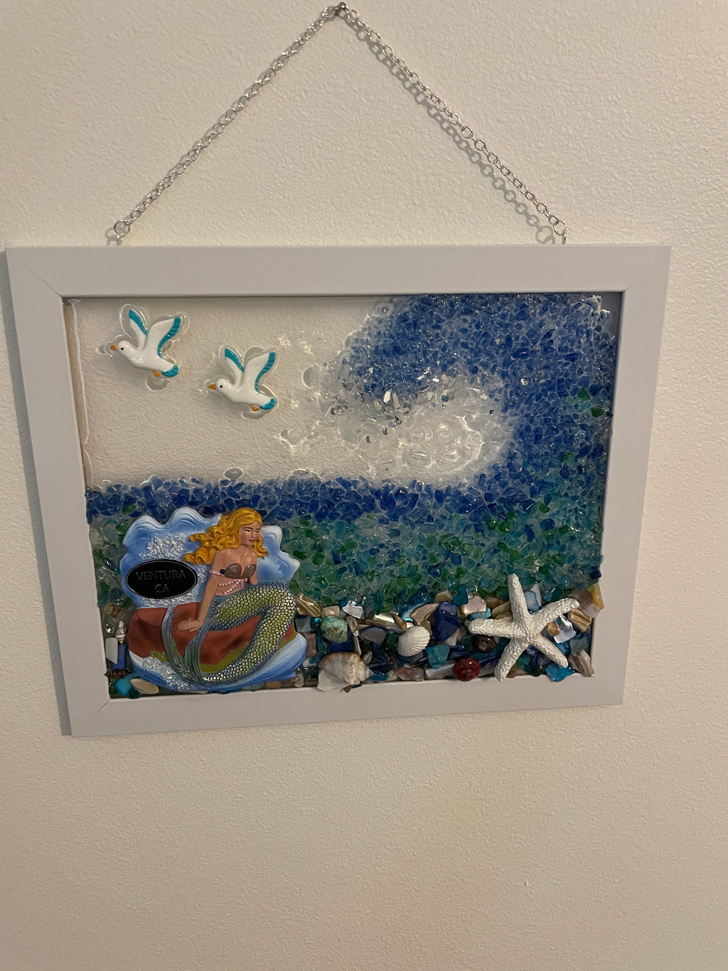 Ventura California Mermaid - 8x10 Crushed Glass Coastal Art with Shells