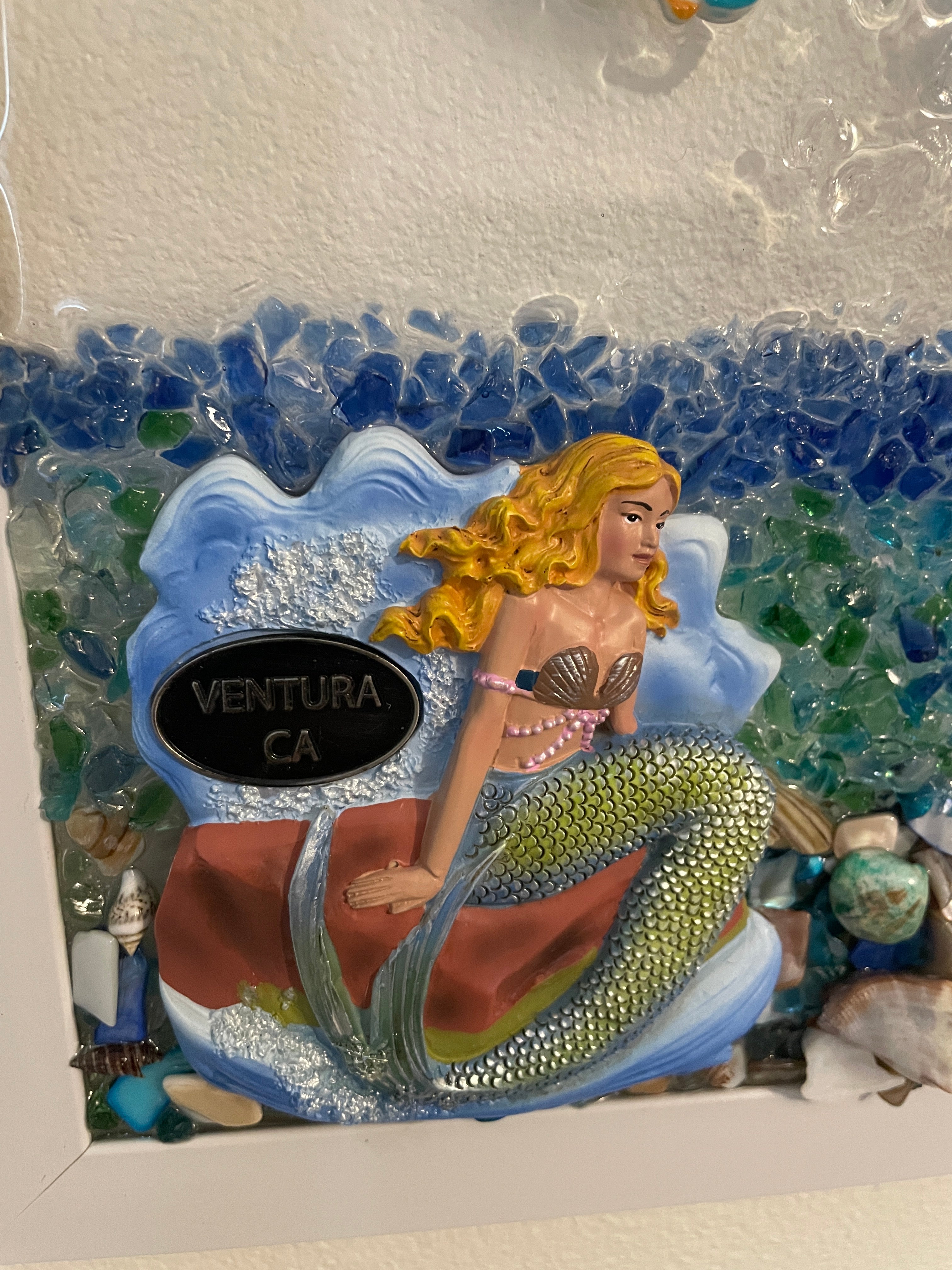 Ventura California Mermaid - 8x10 Crushed Glass Coastal Art with Shells