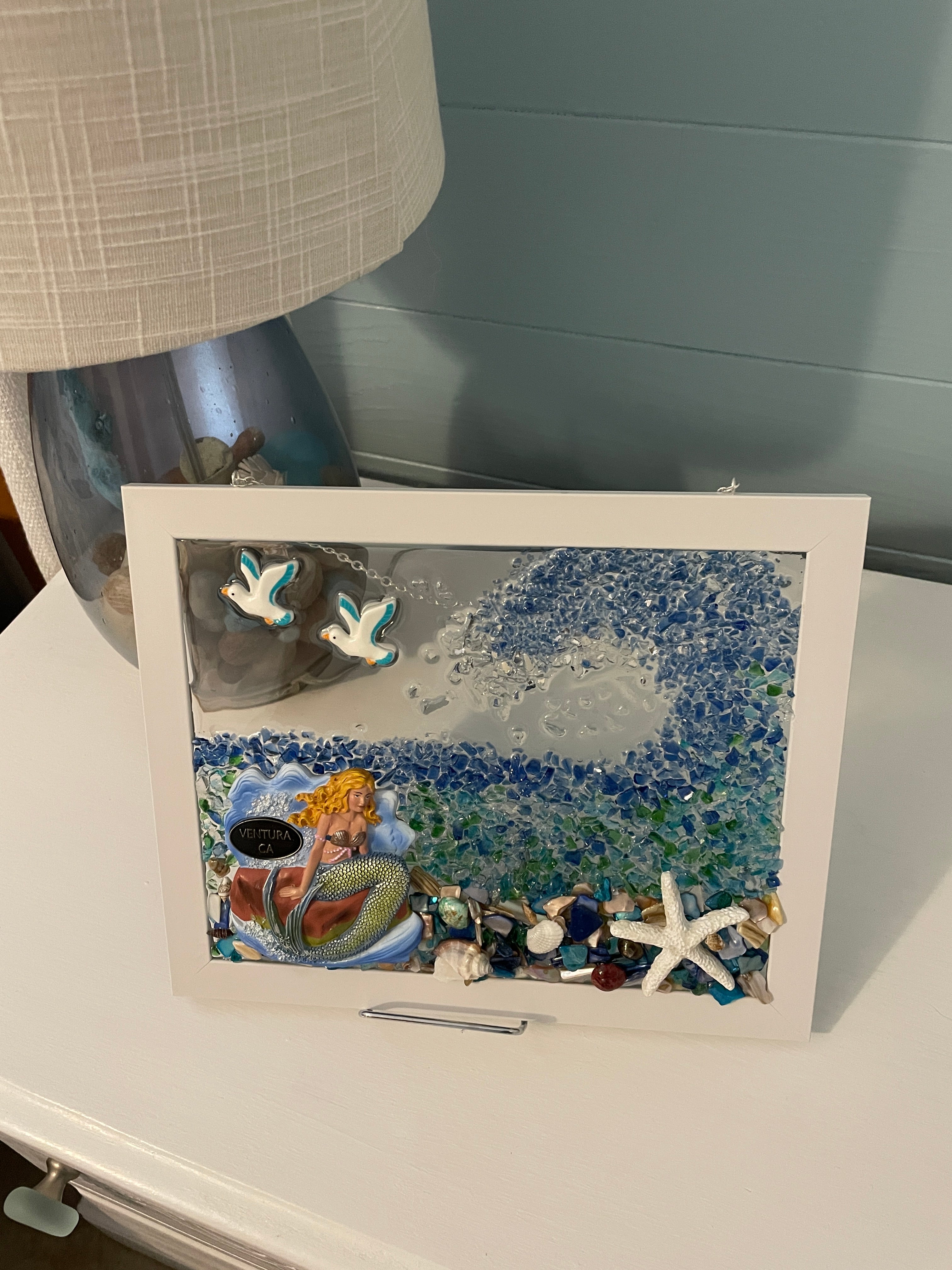 Ventura California Mermaid - 8x10 Crushed Glass Coastal Art with Shells